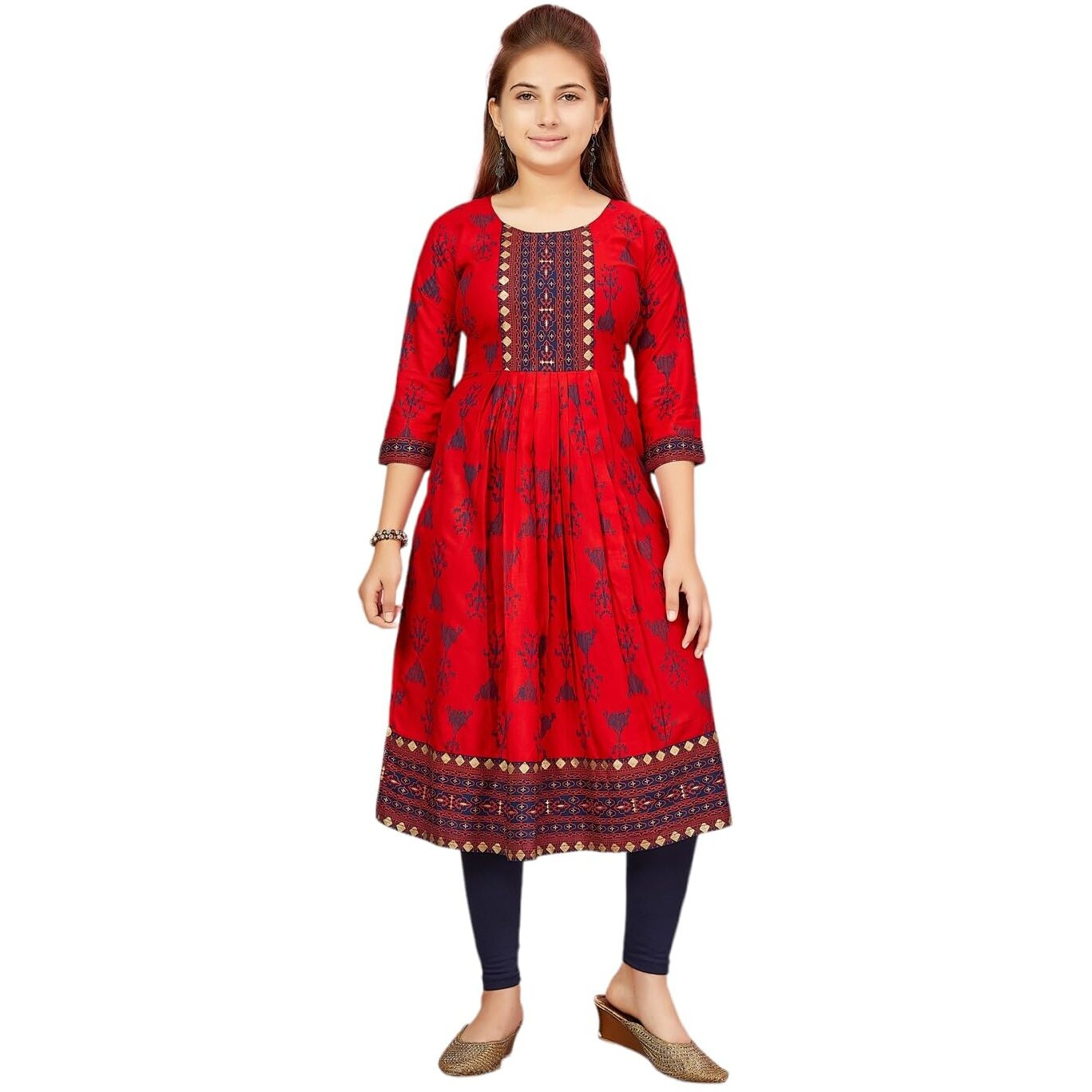 Aarika Girls Red-N-Blue Colour Cotton Kurti Legging Set (Kl-K-Ap-1116-Red-Navy-Blue-40)