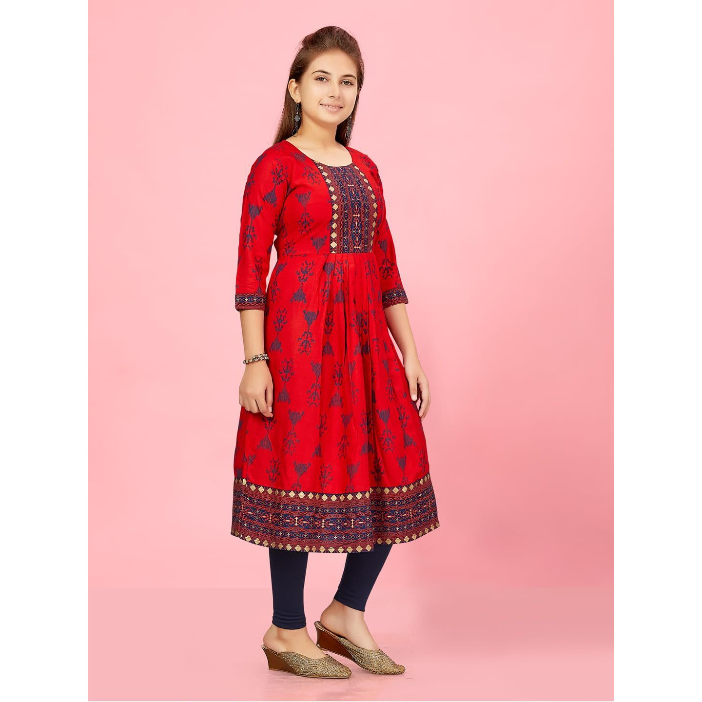 Aarika Girls Red-N-Blue Colour Cotton Kurti Legging Set (Kl-K-Ap-1116-Red-Navy-Blue-40)