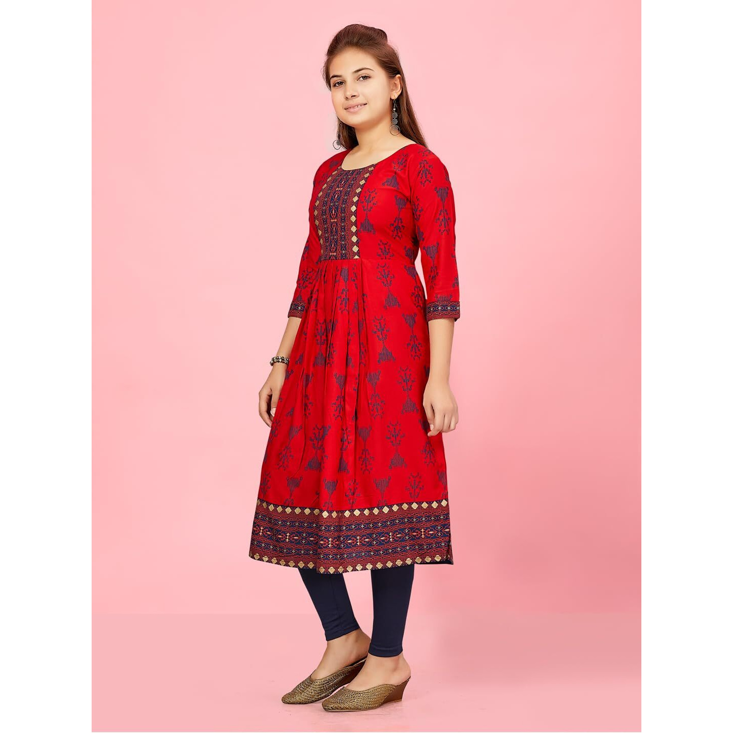 Aarika Girls Red-N-Blue Colour Cotton Kurti Legging Set (Kl-K-Ap-1116-Red-Navy-Blue-40)