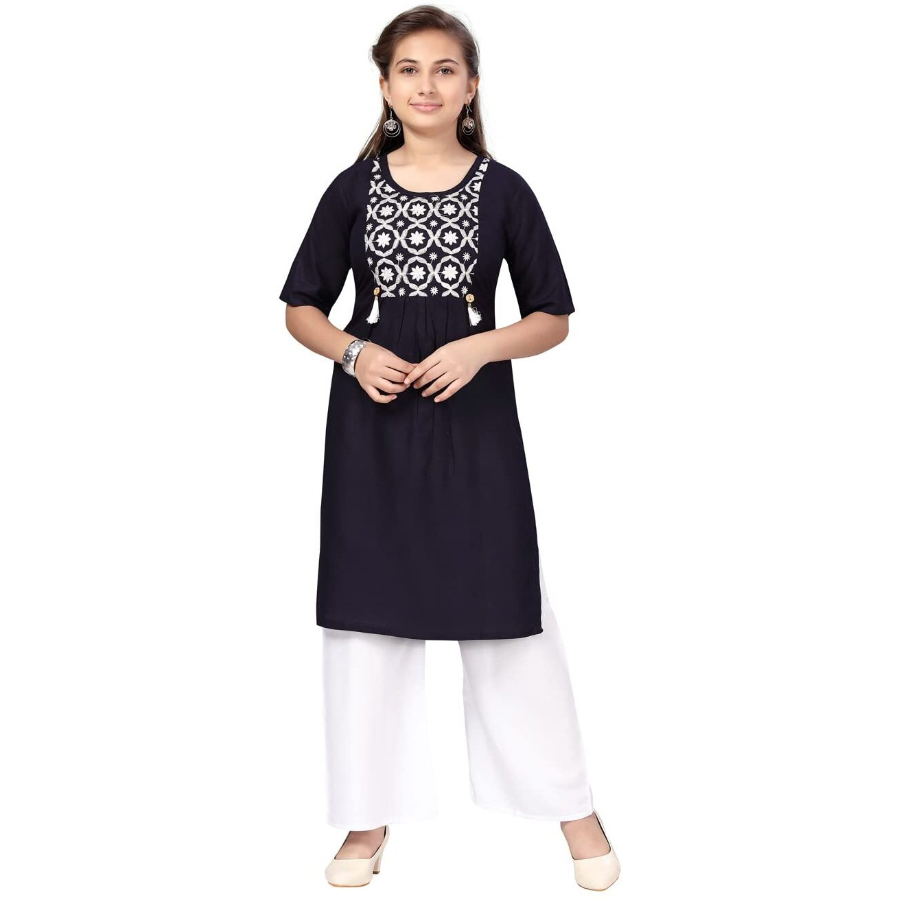 Aarika Girl's Cotton Kurti Palazzo Set (Pl-H-6_Navy Blue-White_36)