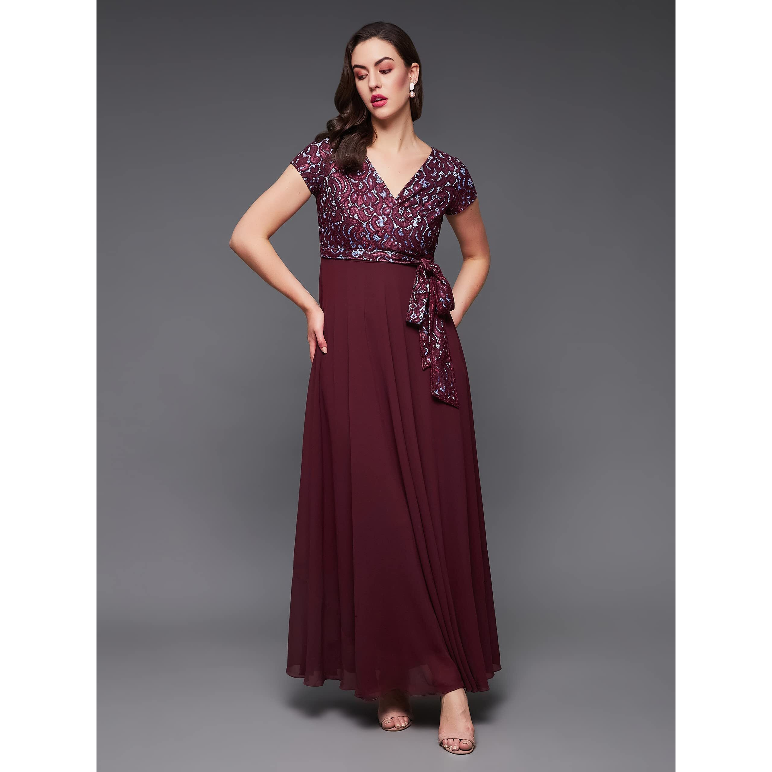 Miss Chase Women's Wine Colored V-Neck Short Sleeve Self Designed Lace Overlaid Maxi Georgette Dress (Mcaw22D06-52-184-08, Wine, 3Xl)
