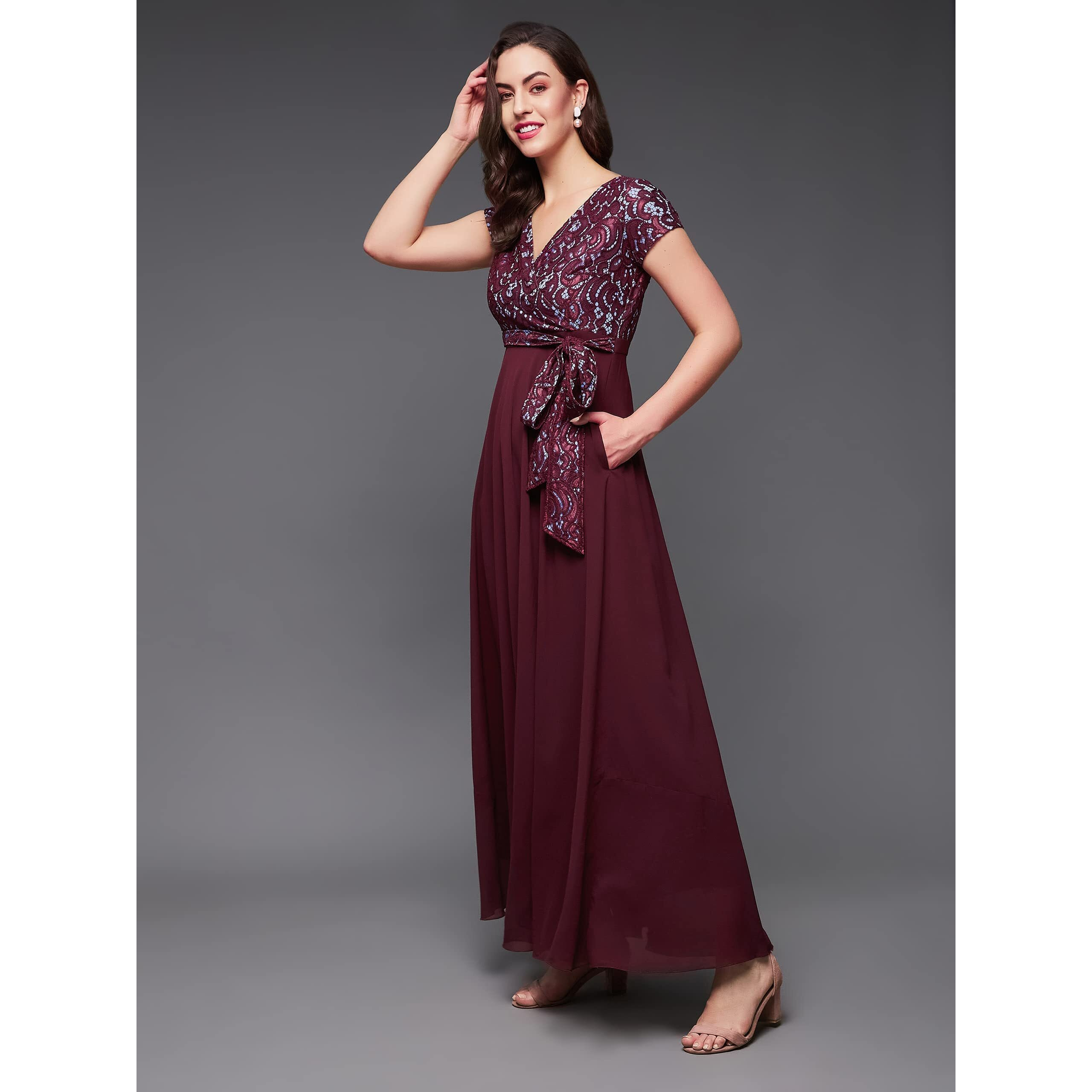 Miss Chase Women's Wine Colored V-Neck Short Sleeve Self Designed Lace Overlaid Maxi Georgette Dress (Mcaw22D06-52-184-08, Wine, 3Xl)
