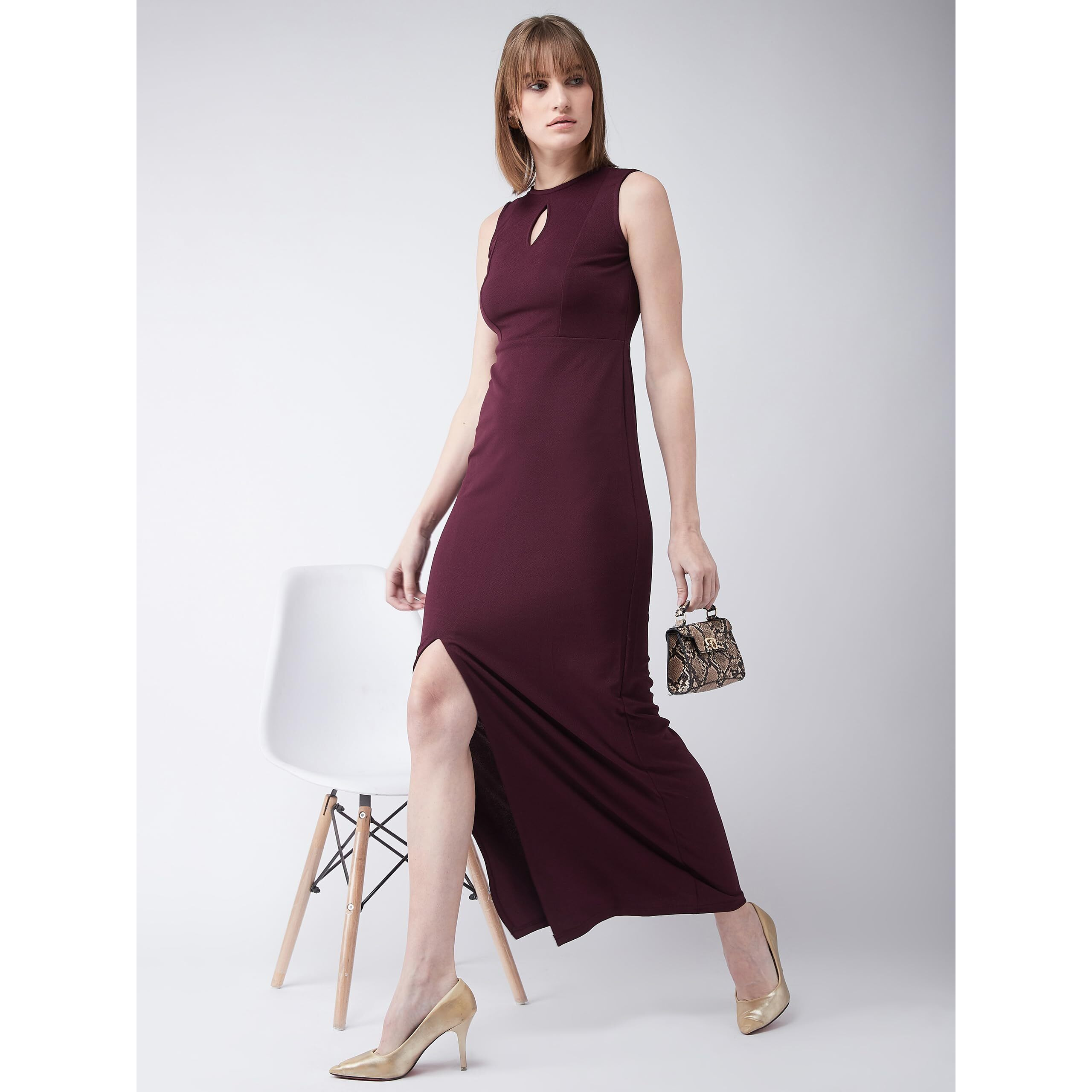 Miss Chase Women's Bodycon Slit Maxi Dress (Mcaw18D12-46-184-04,Wine Red,M)