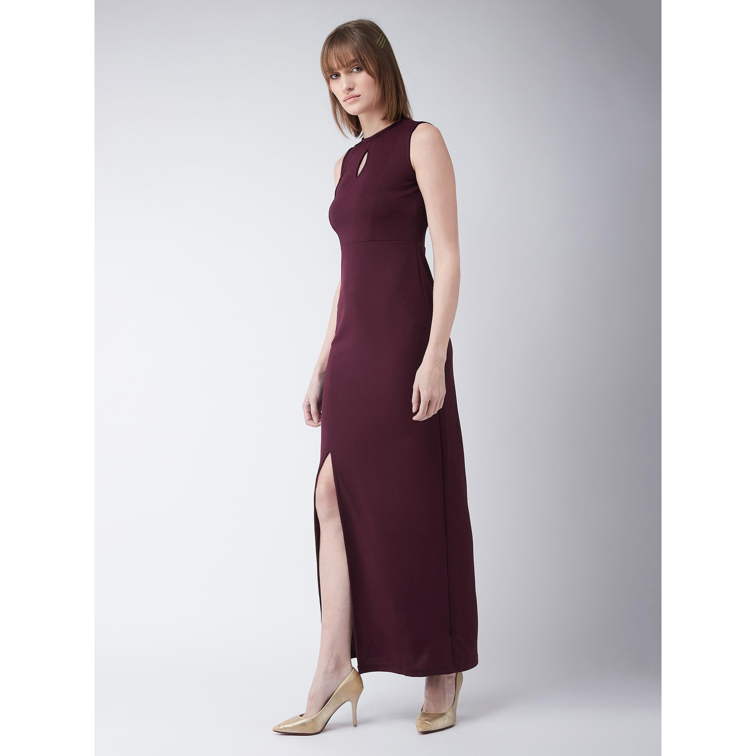 Miss Chase Women's Bodycon Slit Maxi Dress (Mcaw18D12-46-184-04,Wine Red,M)