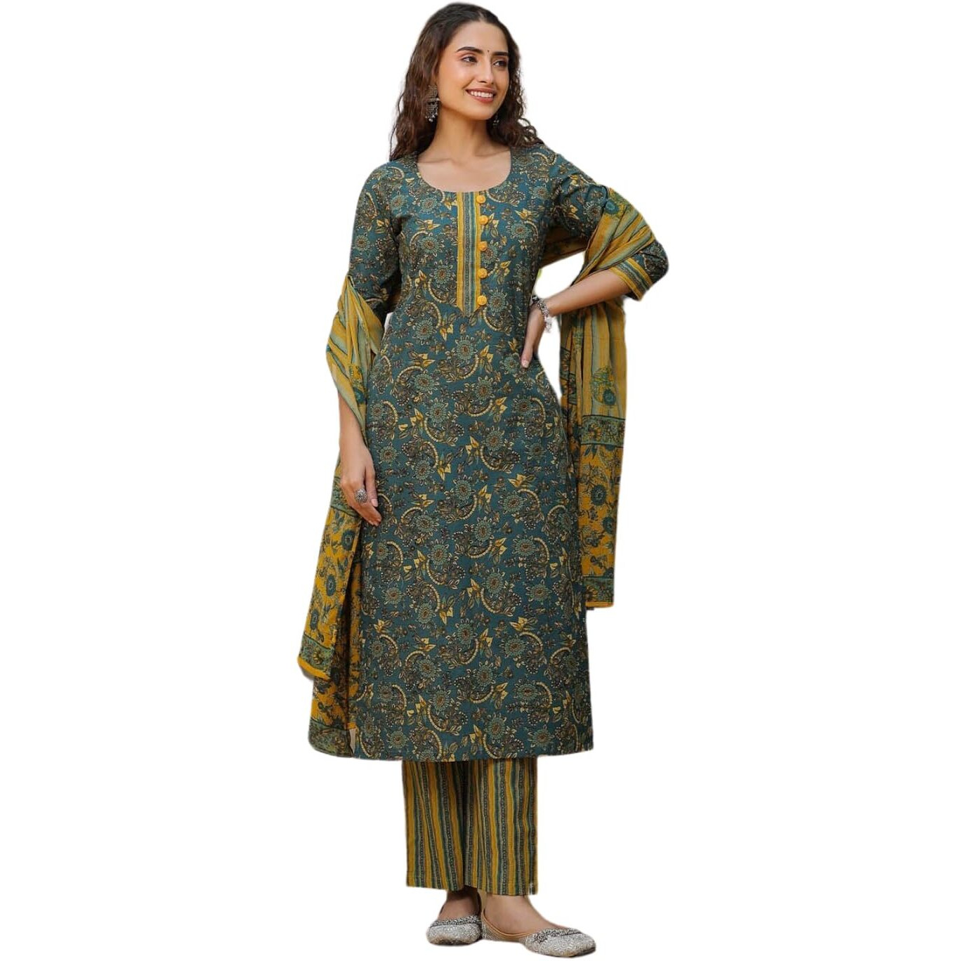 Nainvish Women's Viscose Rayon Printed Straight Round Neck Kurta Pant With Dupatta (Sd704_Kbd-L_Teal & Mustard)