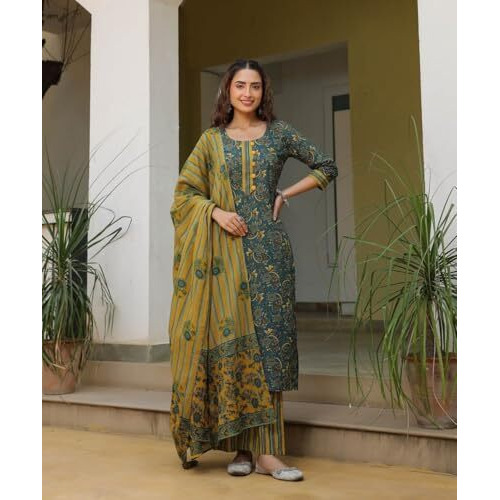 Nainvish Women's Viscose Rayon Printed Straight Round Neck Kurta Pant With Dupatta (Sd704_Kbd-L_Teal & Mustard)