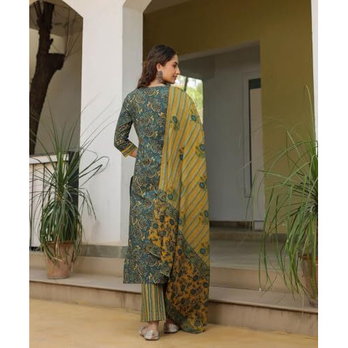 Nainvish Women's Viscose Rayon Printed Straight Round Neck Kurta Pant With Dupatta (Sd704_Kbd-L_Teal & Mustard)