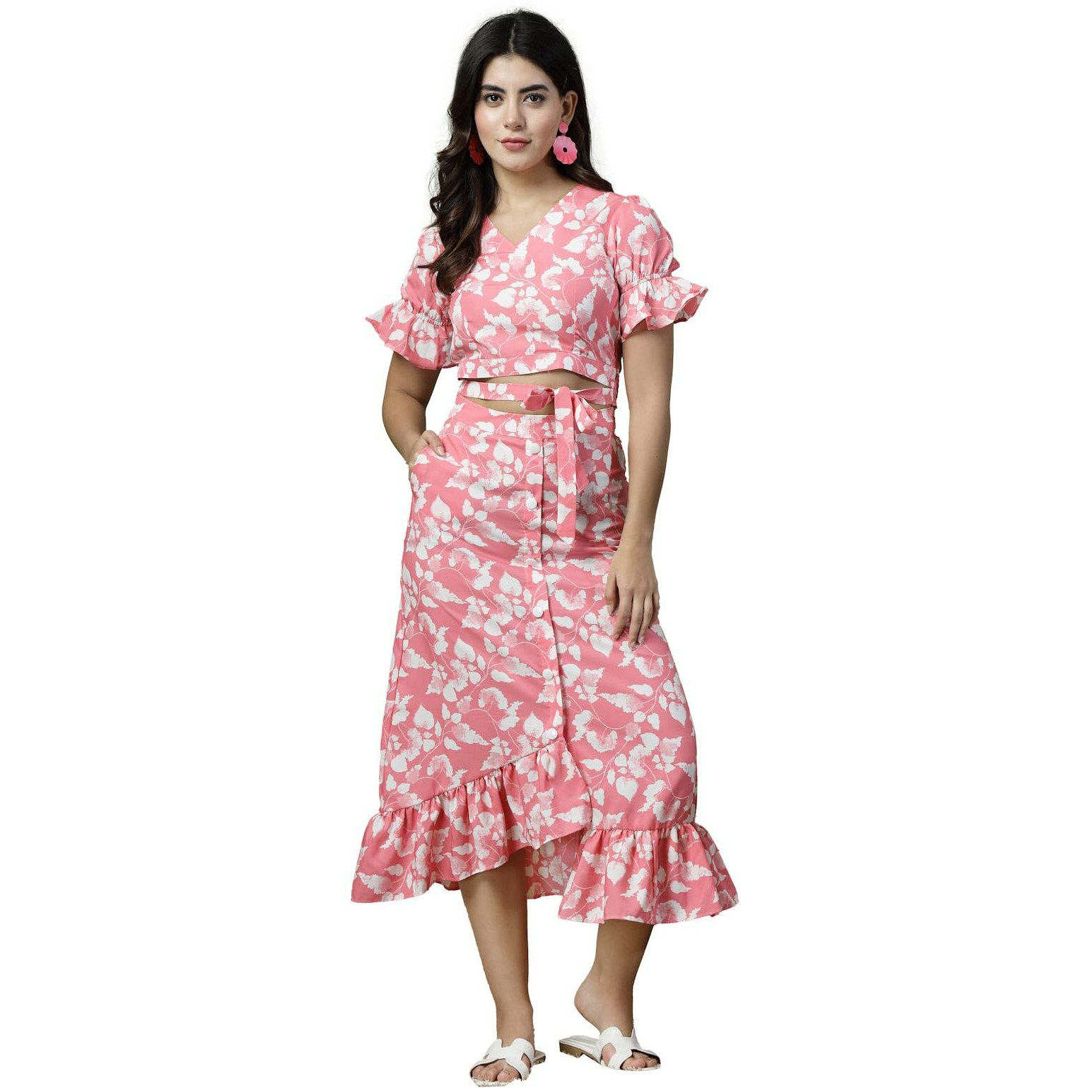 Oomph Crepe Crop Top And Skirt Set For Women, Pink - Coord_Mt887Msk195