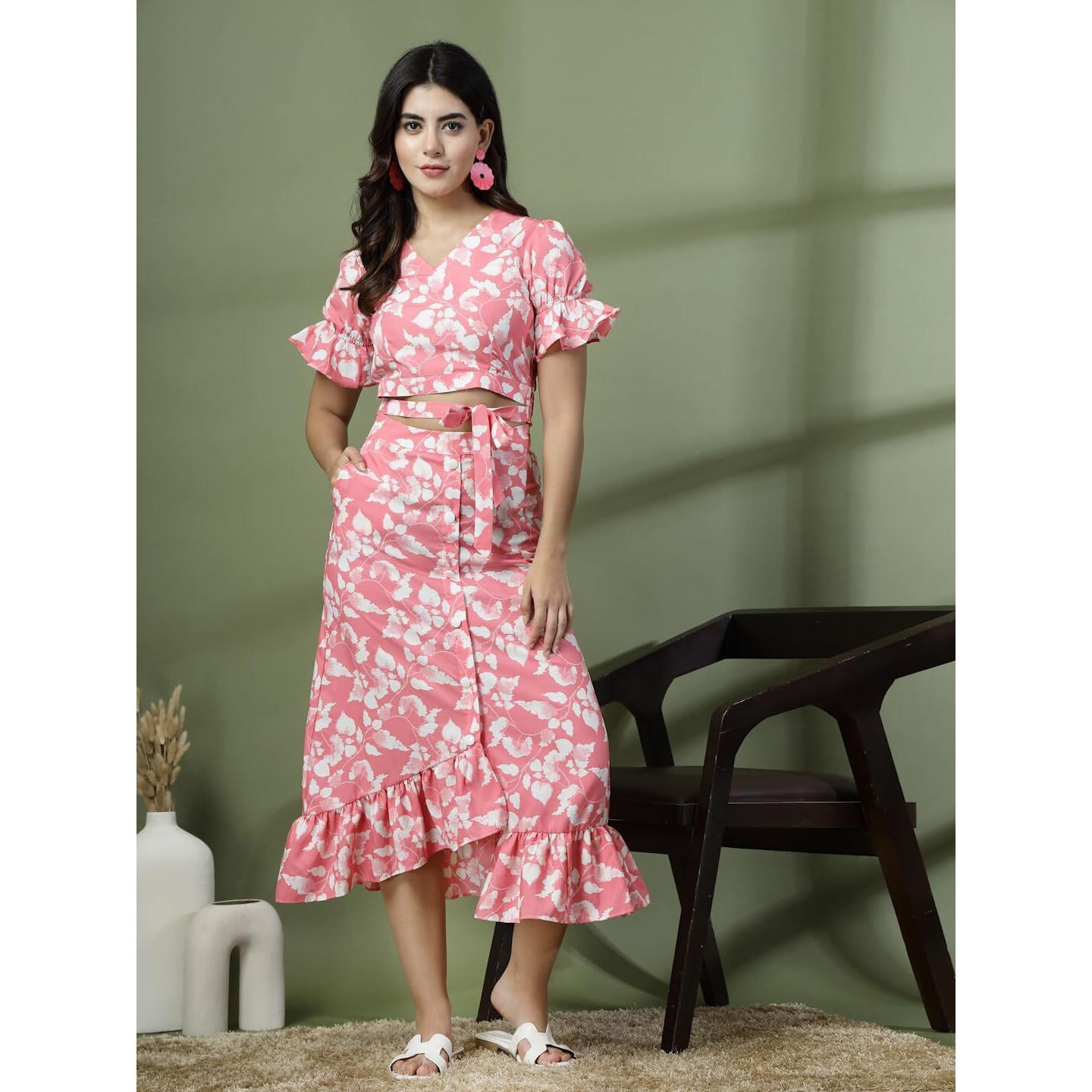 Oomph Crepe Crop Top And Skirt Set For Women, Pink - Coord_Mt887Msk195