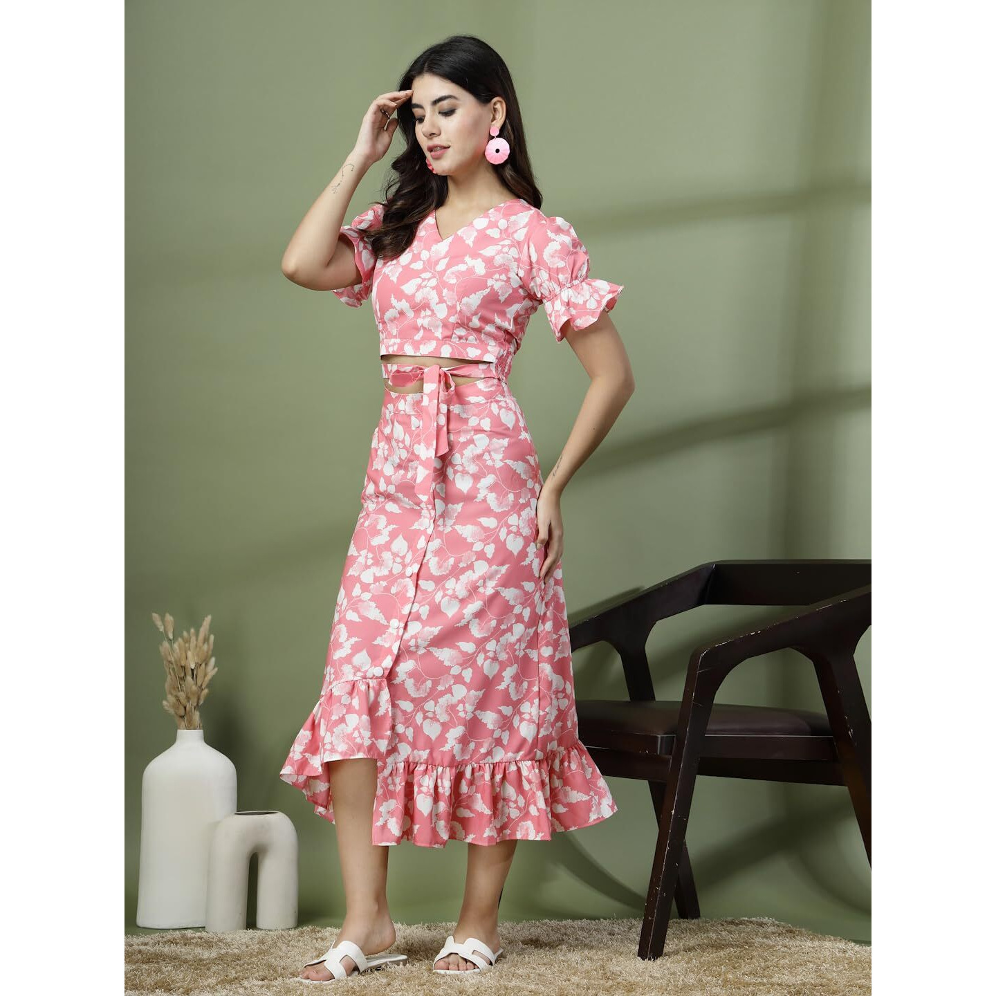Oomph Crepe Crop Top And Skirt Set For Women, Pink - Coord_Mt887Msk195