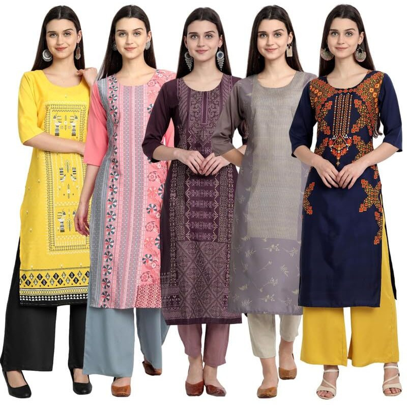 Pinkmint Women's Printed Kurti For Women's Round Neck Straight Kurti For Women (Pack Of 5)