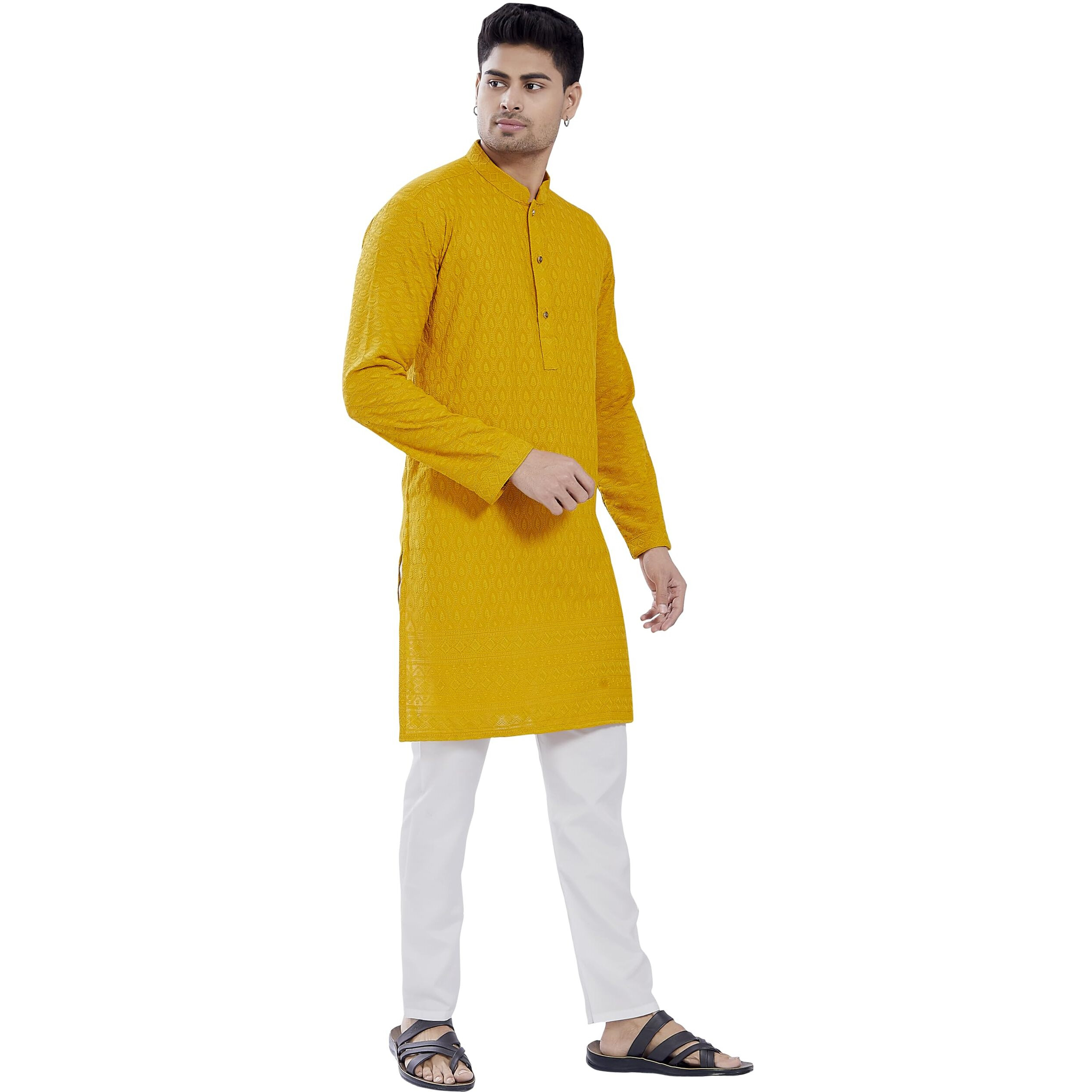 Divisive Men's Thread Embroidered Cotton Blend Only Slim Fit Kurta (Dkrt725_Xl_Yellow)