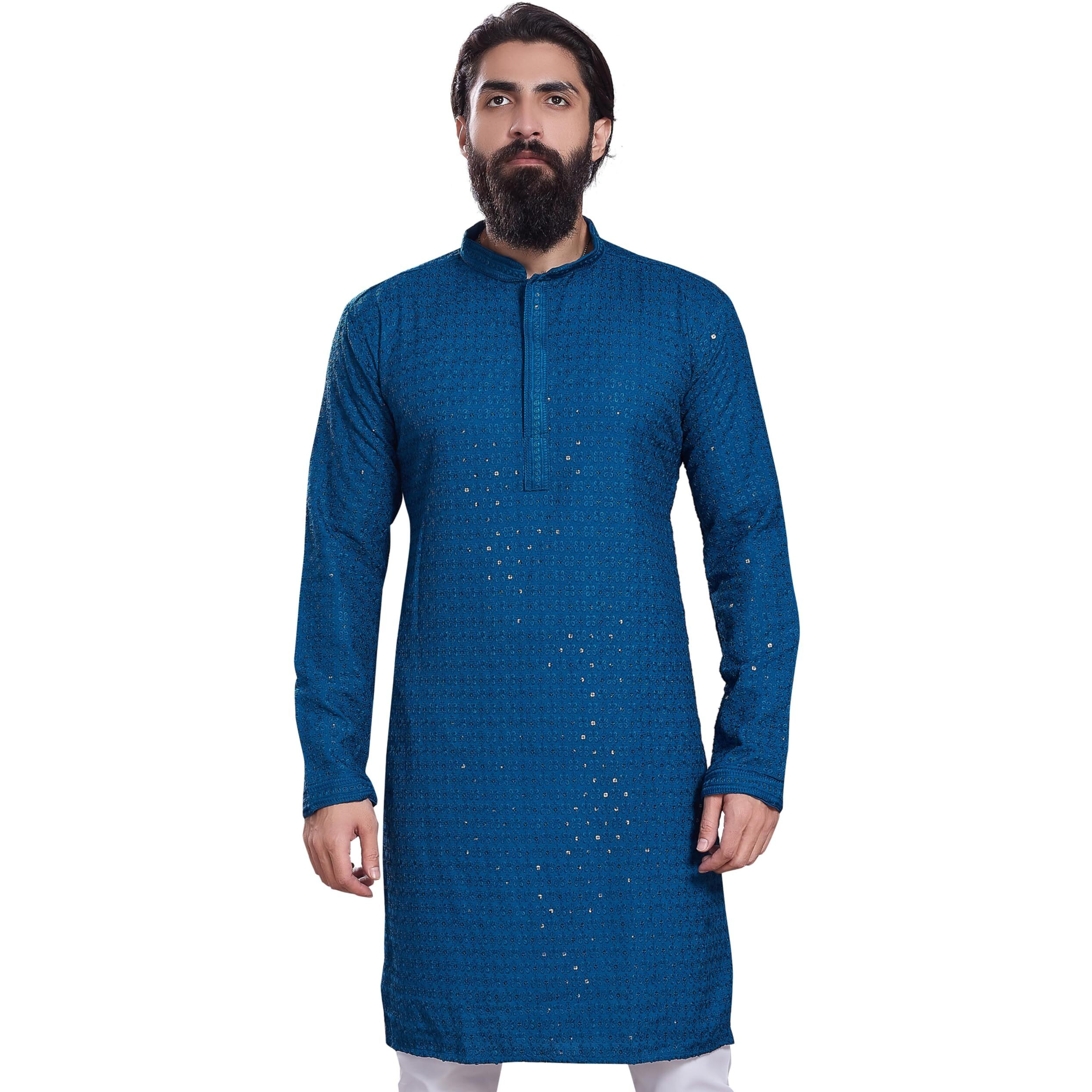 Divisive Men's Sequince Embroidered Cotton Blend Only Slim Fit Kurta (Dkrt222_Xxl_Teal)