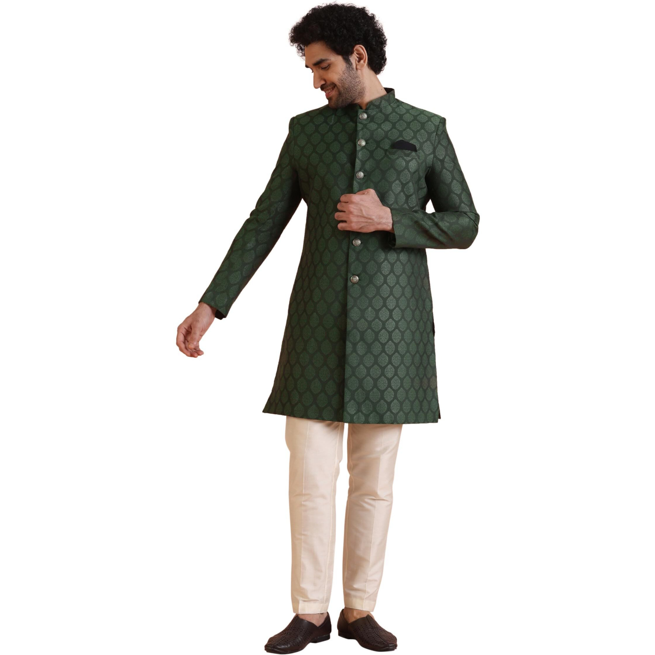 Kisah Men's Indo-Western Sherwani Trouser Set, Olive Silk Blend, Woven Design Regular Fit Mandarin Collar Long Sleeves (S)