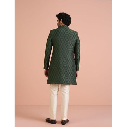 Kisah Men's Indo-Western Sherwani Trouser Set, Olive Silk Blend, Woven Design Regular Fit Mandarin Collar Long Sleeves (S)