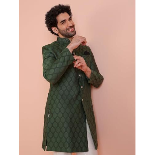 Kisah Men's Indo-Western Sherwani Trouser Set, Olive Silk Blend, Woven Design Regular Fit Mandarin Collar Long Sleeves (S)