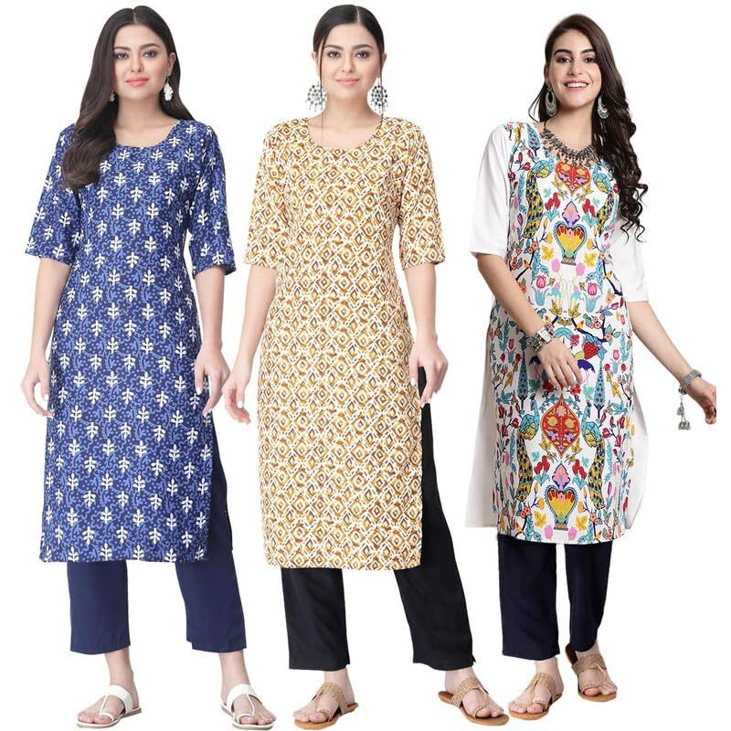 Pinkmint Women's Crepe Printed Kurta Pant Straight Kurta Set For Women(Pack Of 3)