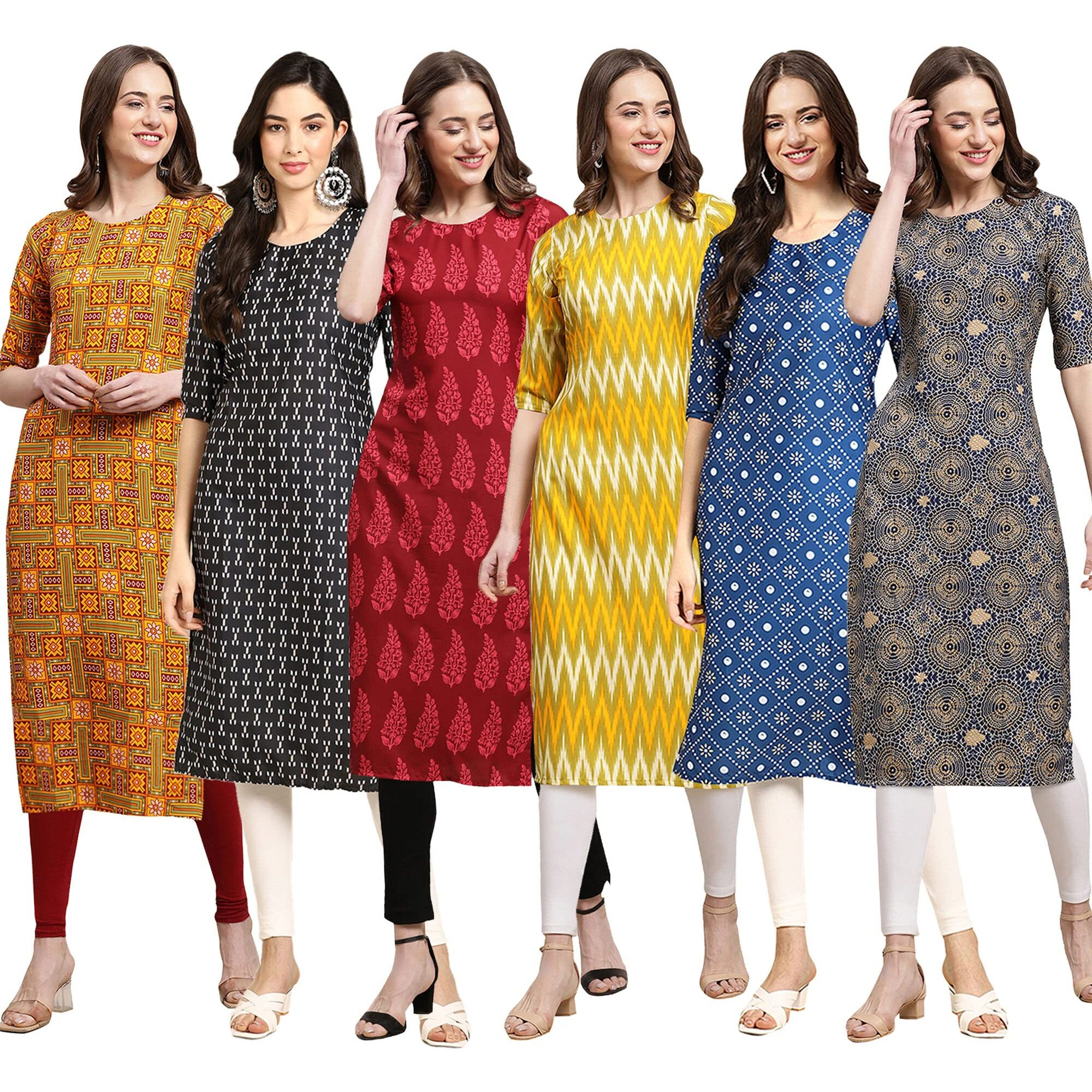 Pinkmint Women's Crepe Digital Print Straight Kurta Pack Of 6 [Cr-333-362-337-329-353-341-M]