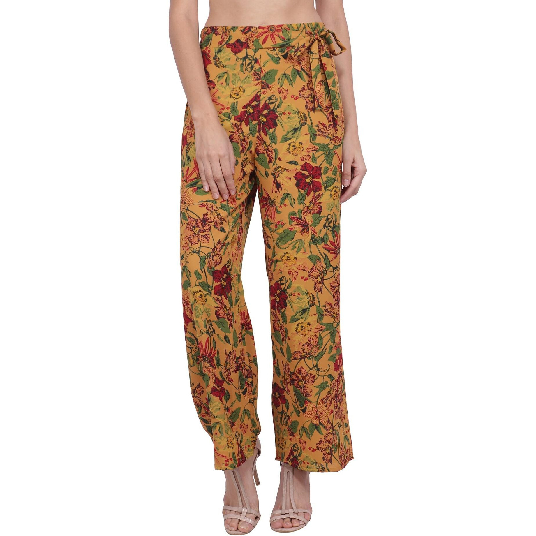 Popwings Casual Mustard Floral Printed Regular Fit Palazzo For Women Palazzos For Women