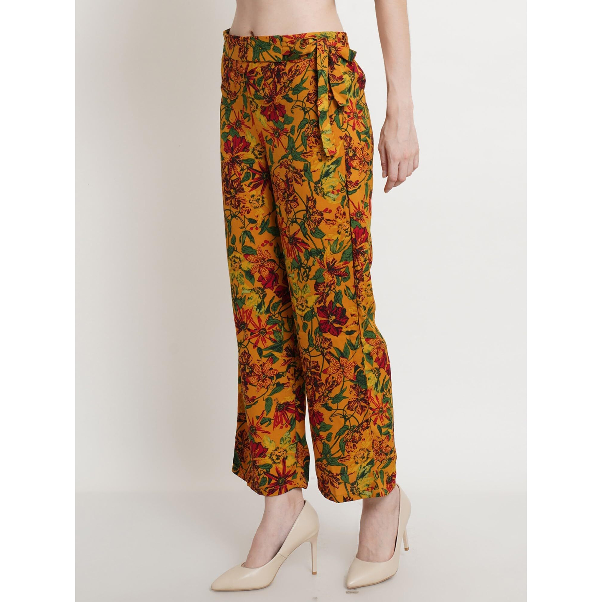Popwings Casual Mustard Floral Printed Regular Fit Palazzo For Women Palazzos For Women