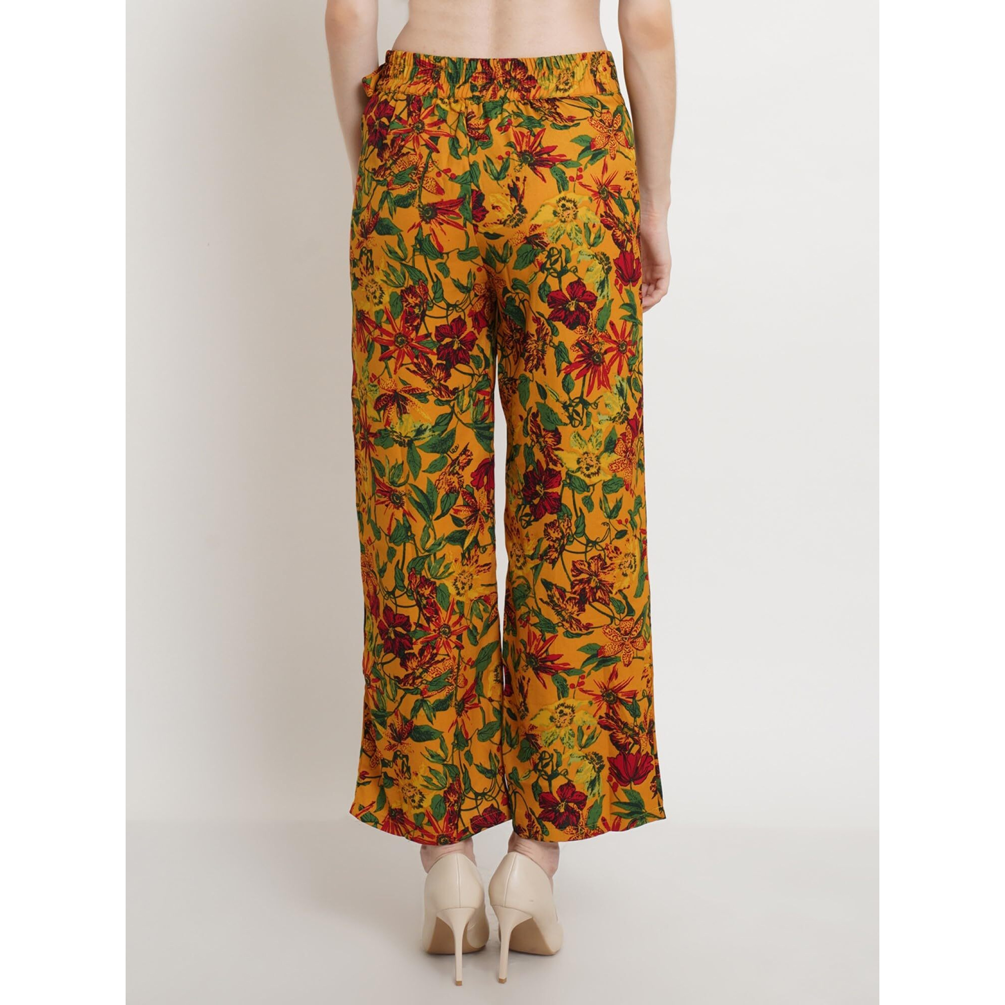 Popwings Casual Mustard Floral Printed Regular Fit Palazzo For Women Palazzos For Women