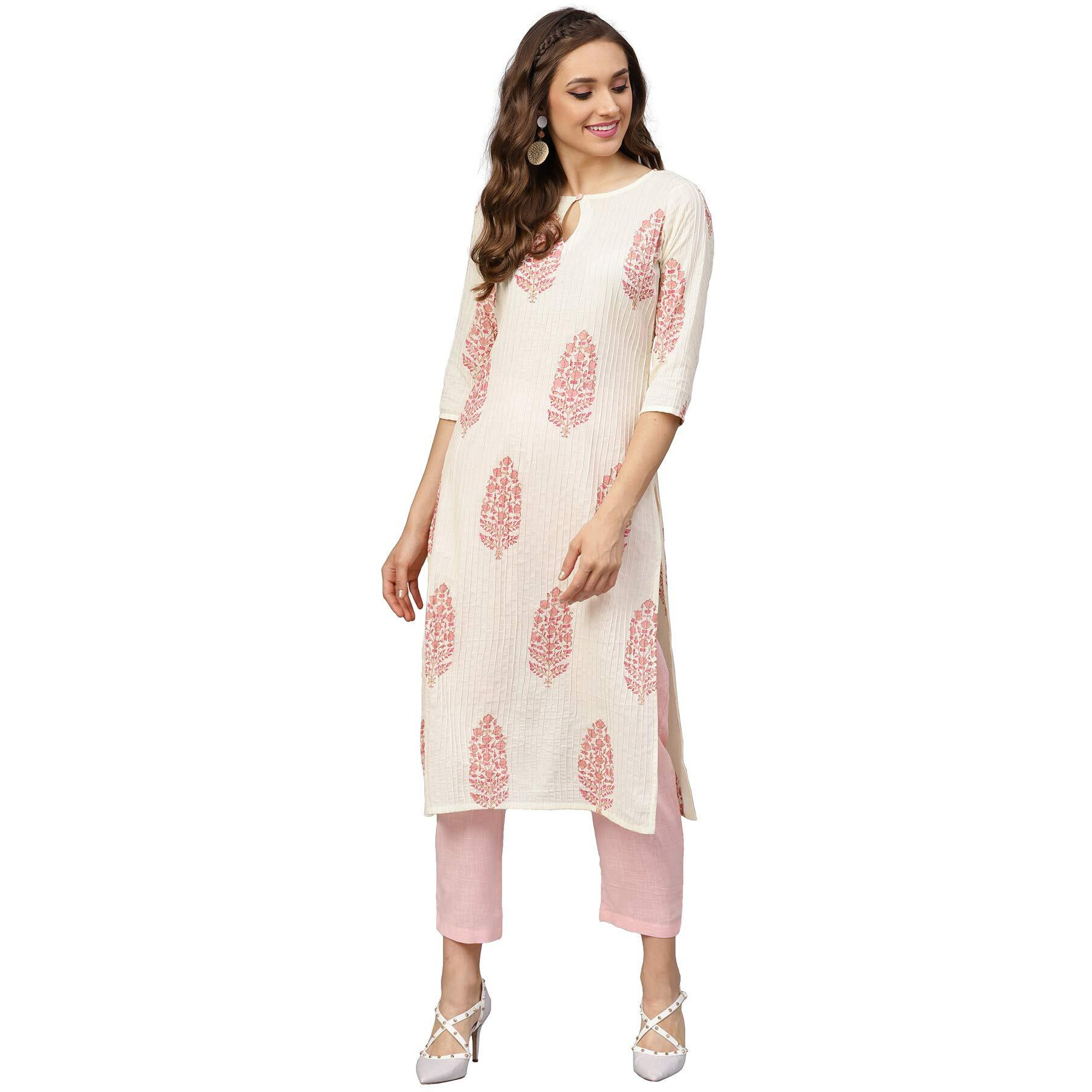 Idalia Cream And Baby Pink Hand Block Print Kurta With Cotton Pants