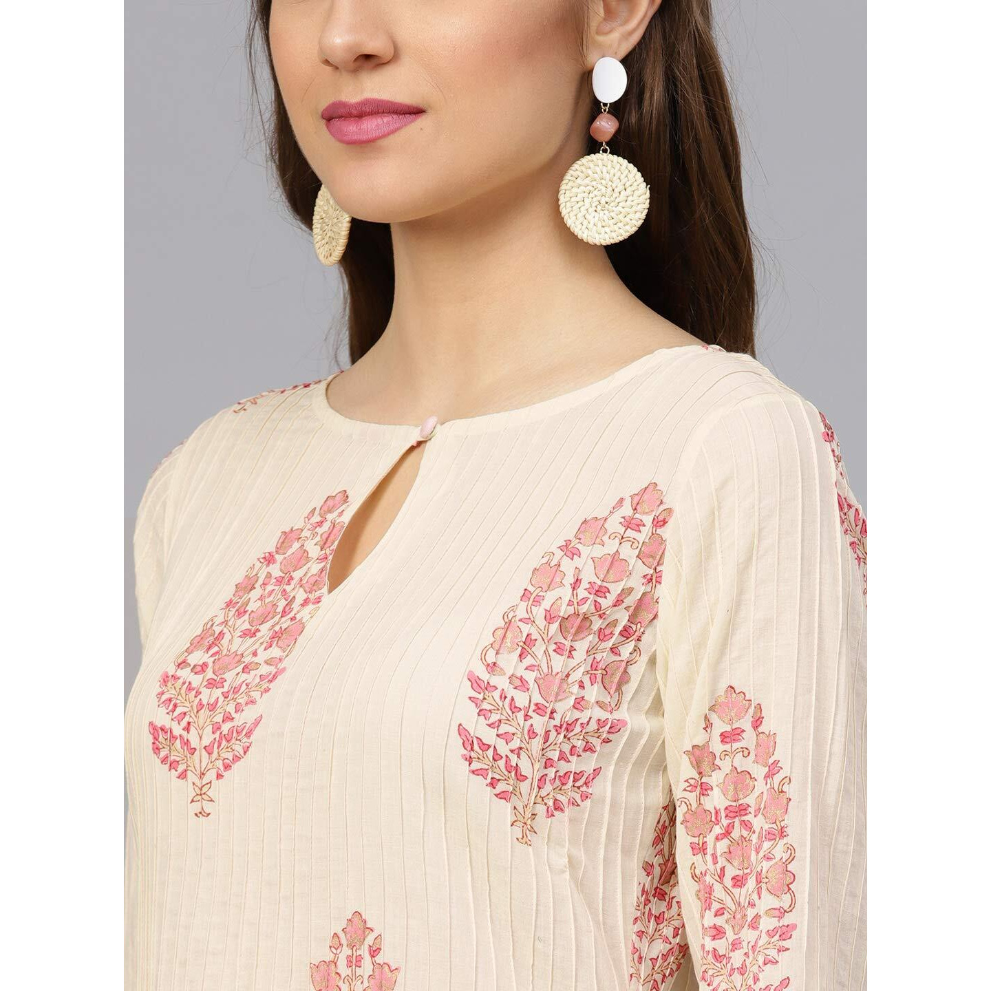 Idalia Cream And Baby Pink Hand Block Print Kurta With Cotton Pants