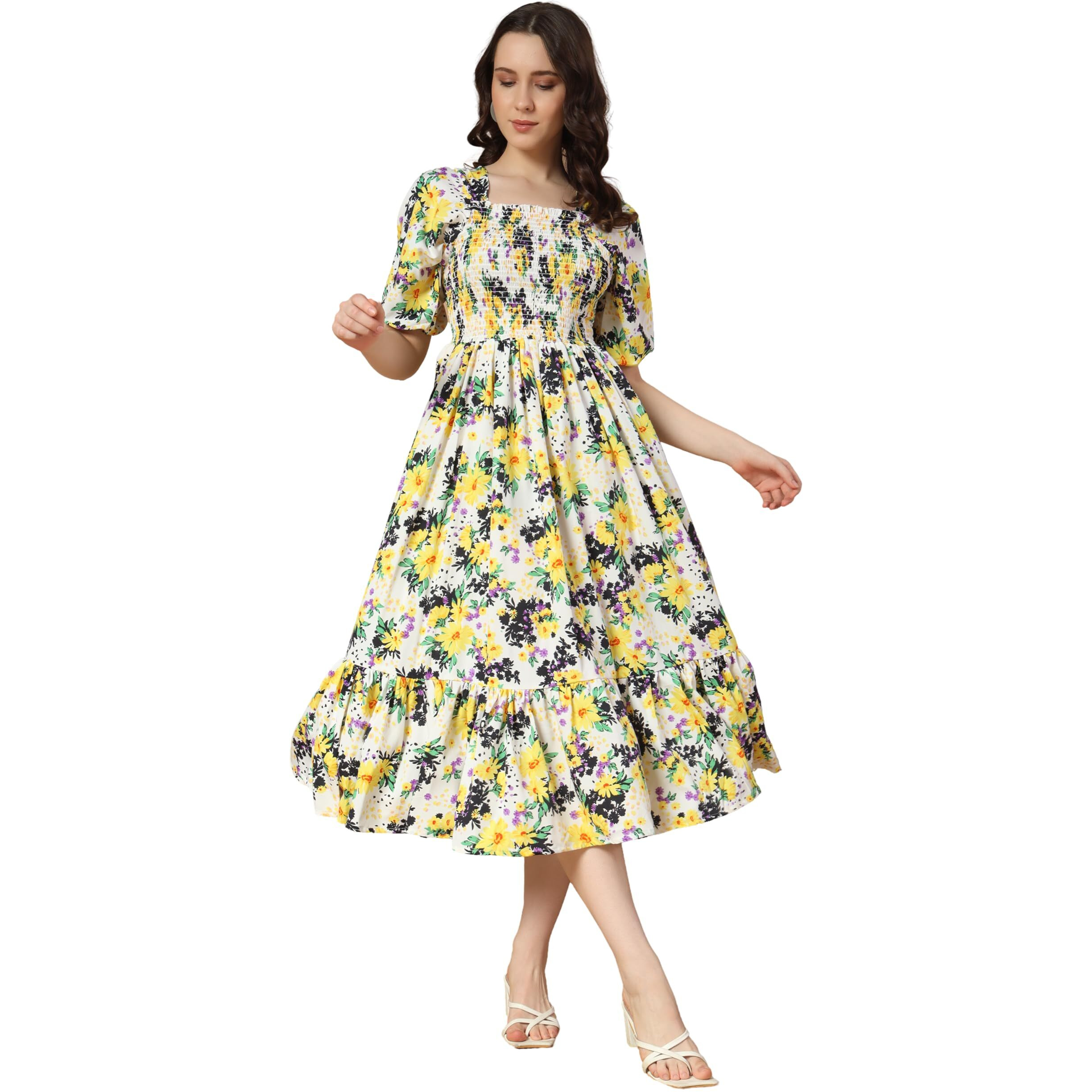 Kzully Women's Crepe A-Line Midi Dress (1001-White-Yellow-Flower-M_White