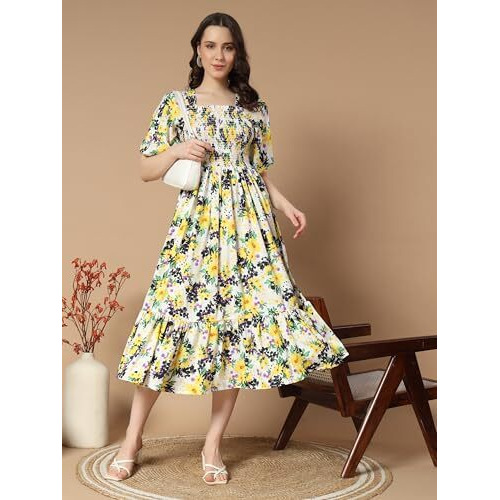 Kzully Women's Crepe A-Line Midi Dress (1001-White-Yellow-Flower-M_White