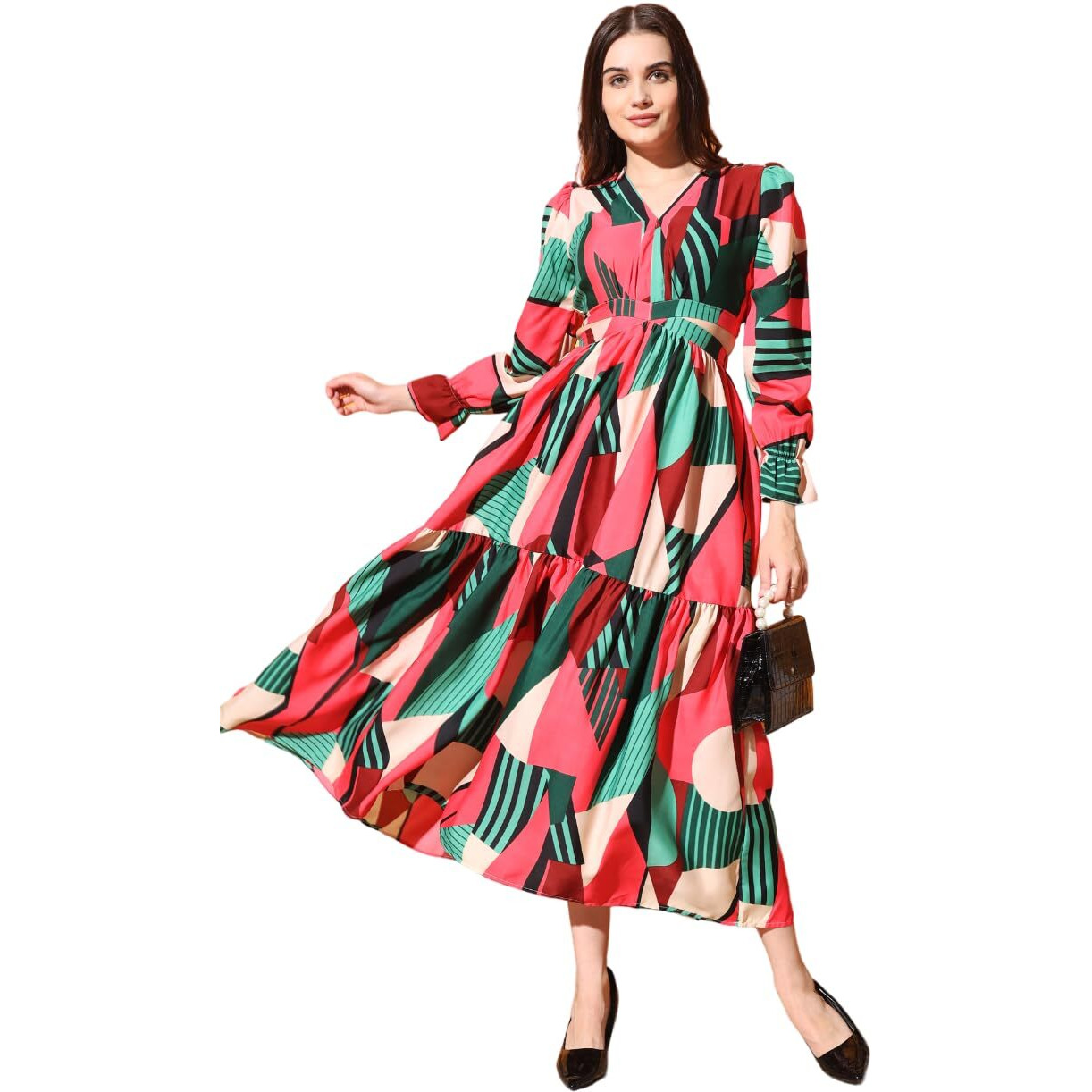 Kzully | Embrace Chic Vibes With This V-Neck Fit & Flare Dress Featuring Waist Cutouts Red-Green