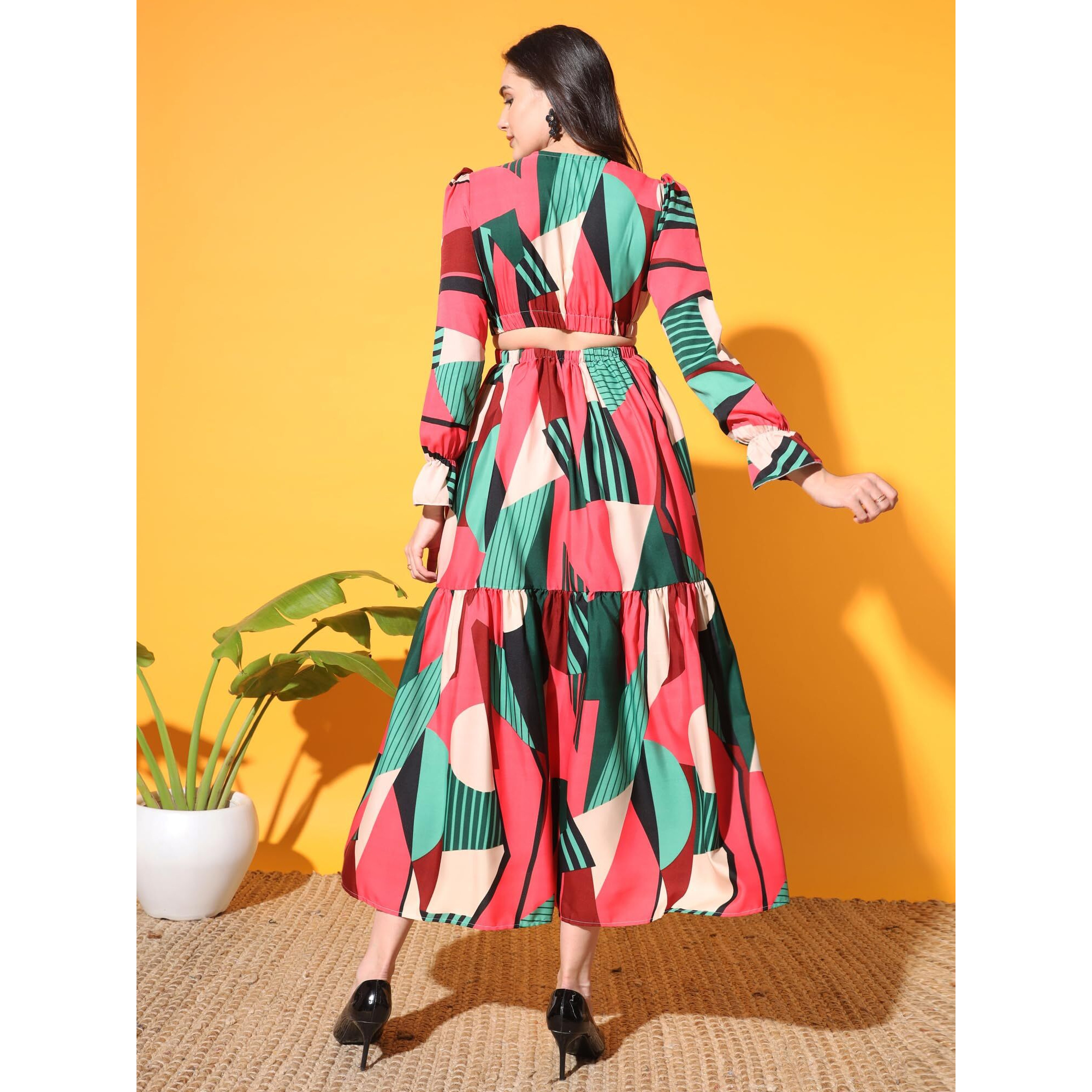 Kzully | Embrace Chic Vibes With This V-Neck Fit & Flare Dress Featuring Waist Cutouts Red-Green