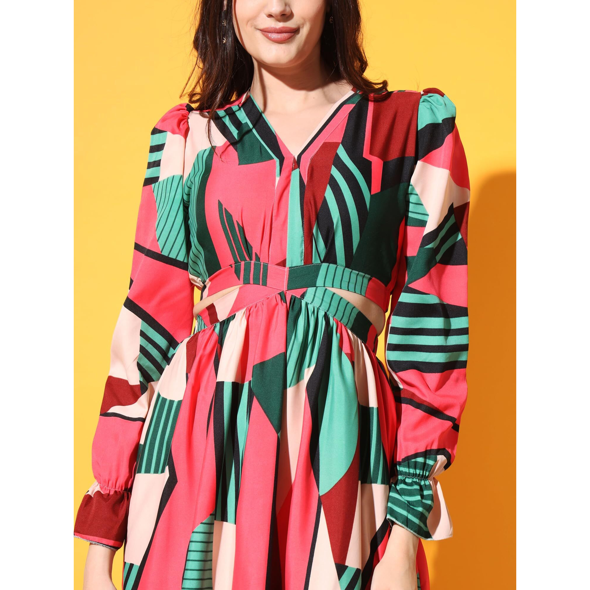 Kzully | Embrace Chic Vibes With This V-Neck Fit & Flare Dress Featuring Waist Cutouts Red-Green