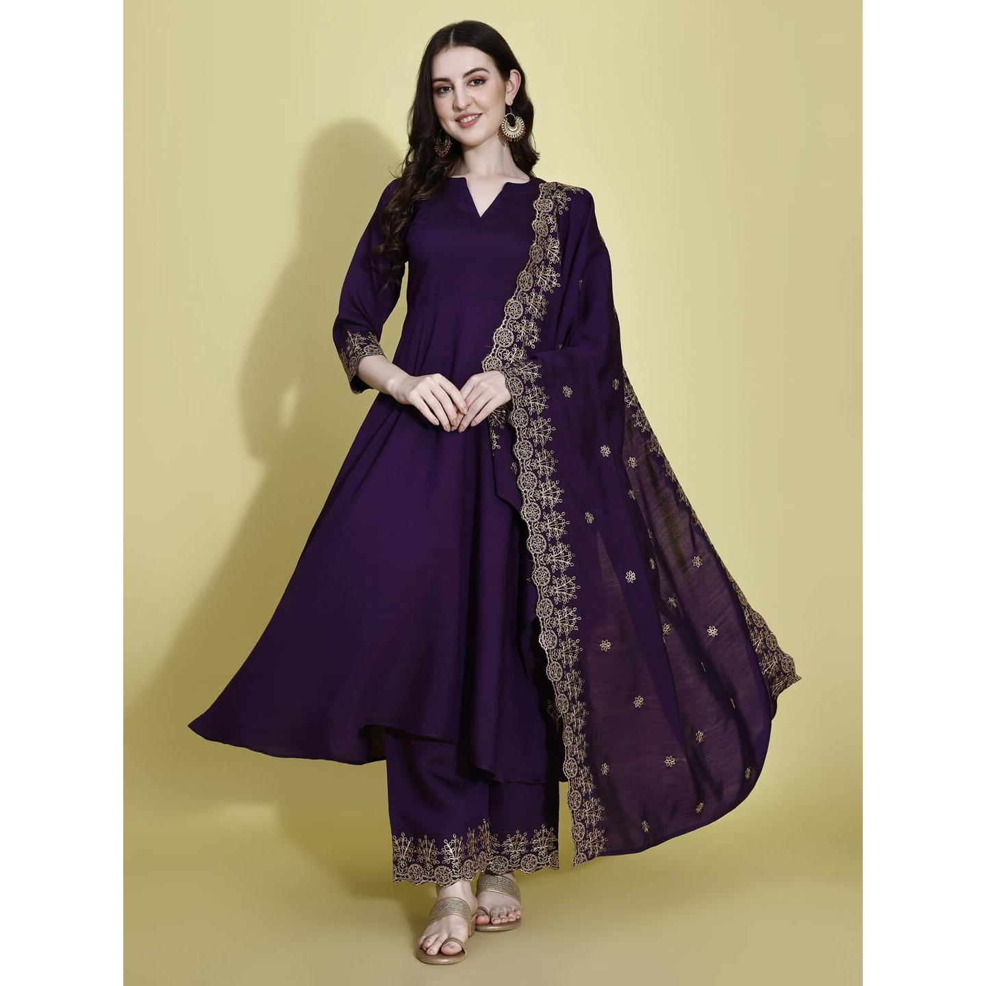 Pratham Blue Women's Silk Embroidered Anarkali Kurta With Palazzos And Dupatta (Pb-6151-M_Purple)