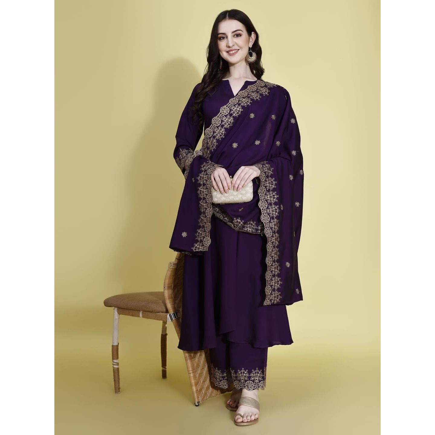 Pratham Blue Women's Silk Embroidered Anarkali Kurta With Palazzos And Dupatta (Pb-6151-M_Purple)