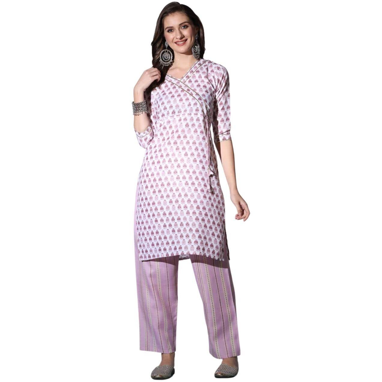 Leriya Fashion Kurti For Women | Cotton Blend Floral Foil Printed Ethnic Indian Kurtis For Women | Angrakha Style Neck With Dori & Button | Casual Kurta For Women | Gift For Girls (X-Large, Pink)