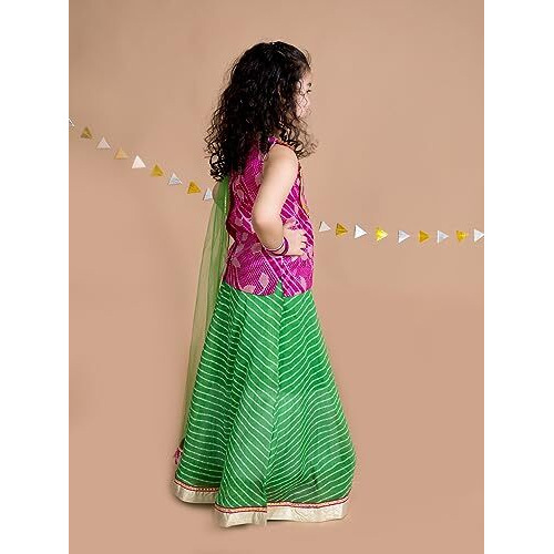 Pspeaches Girls Green Pink Ready To Wear Lehenga Blouse With Dupatta (Pink-3-4Y)
