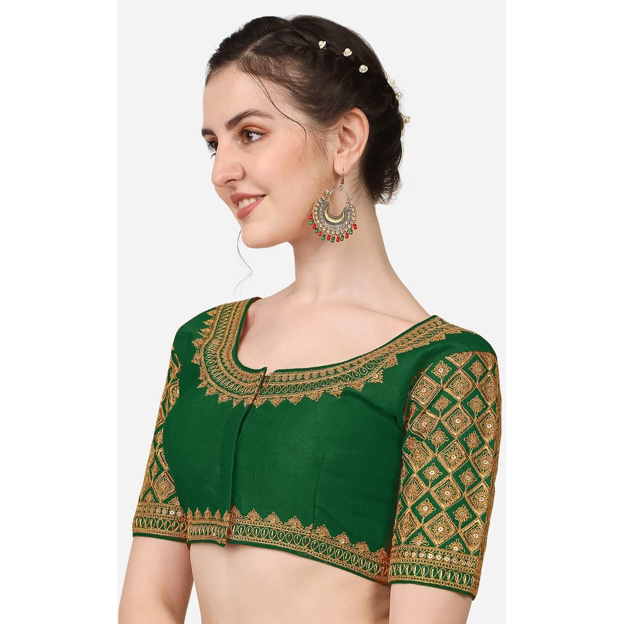 Pujia Mils Women's Silk Flower Embroidery Half Sleeve Blouse (Simba 2_Green_38)