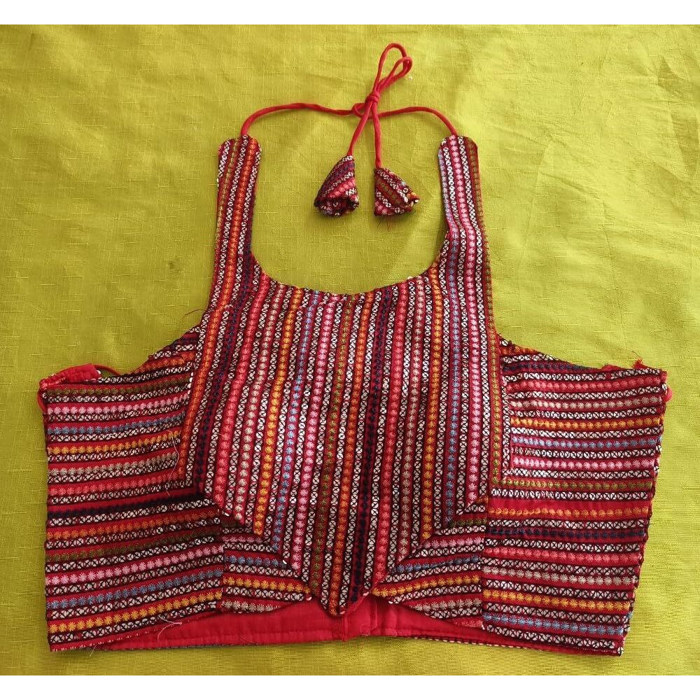 Pujia Mills Women's Sequin Embroidered Halter Neck Sleeveless Readymade Saree Blouse Indian Ethnic Designer Stitched Women's Readymade Saree Blouse Sleeveless Blouse Readymade Red Blouse For Women