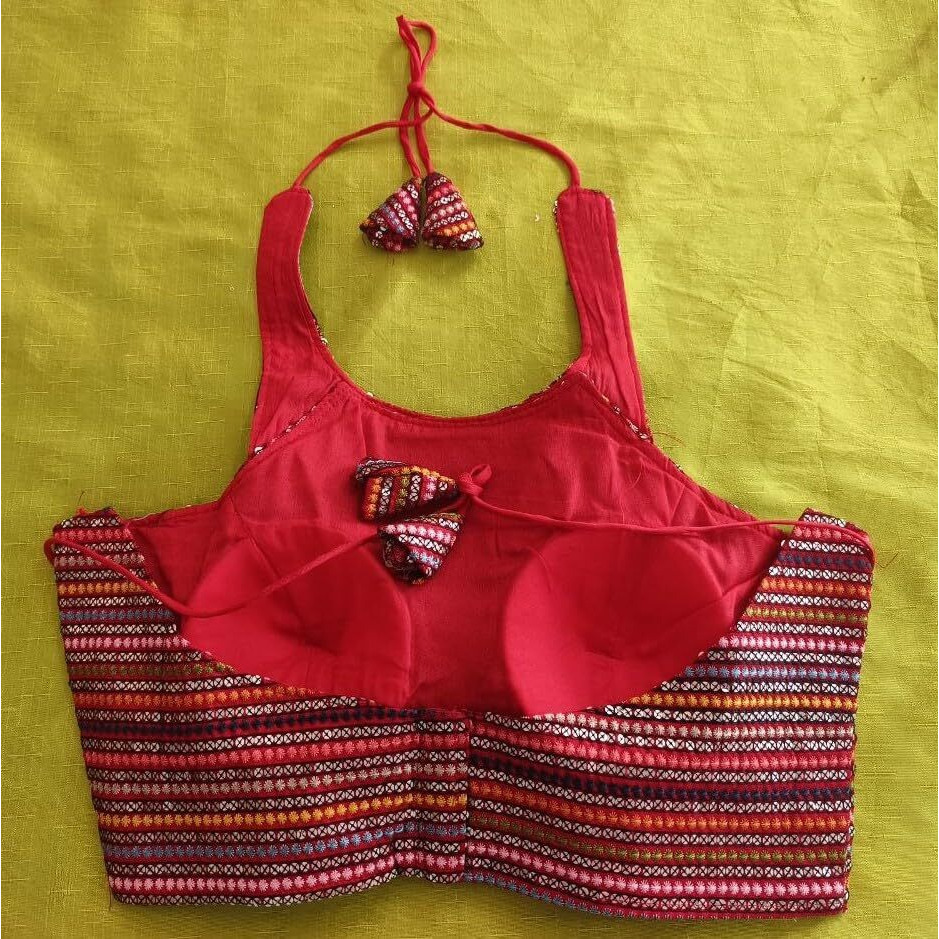 Pujia Mills Women's Sequin Embroidered Halter Neck Sleeveless Readymade Saree Blouse Indian Ethnic Designer Stitched Women's Readymade Saree Blouse Sleeveless Blouse Readymade Red Blouse For Women