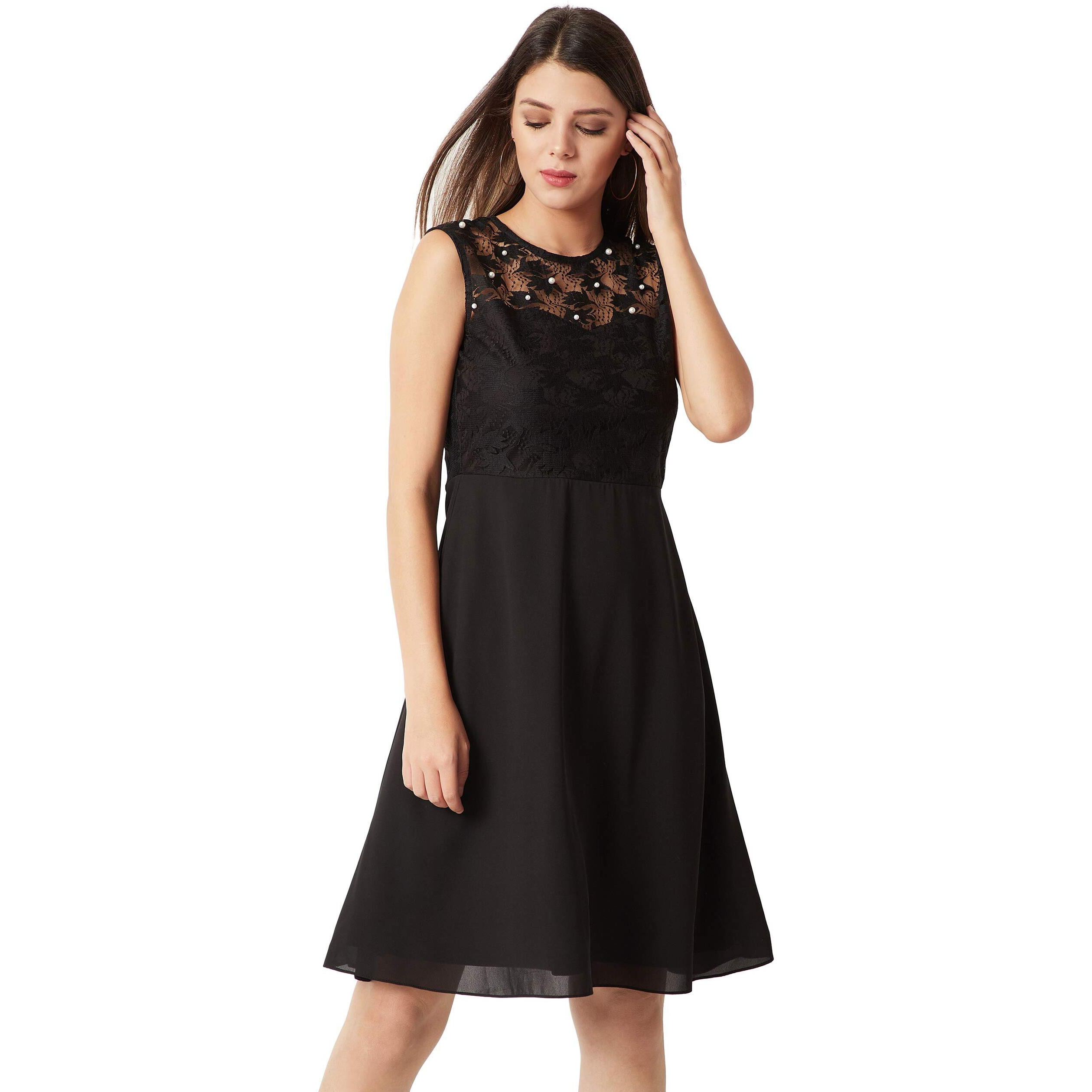 Miss Chase Women's Black Round Neck Sleeveless Solid Paneled Lace And Pearl Detailing Knee Length Skater Dress (Mcaw18D10-88-62_Black_S)