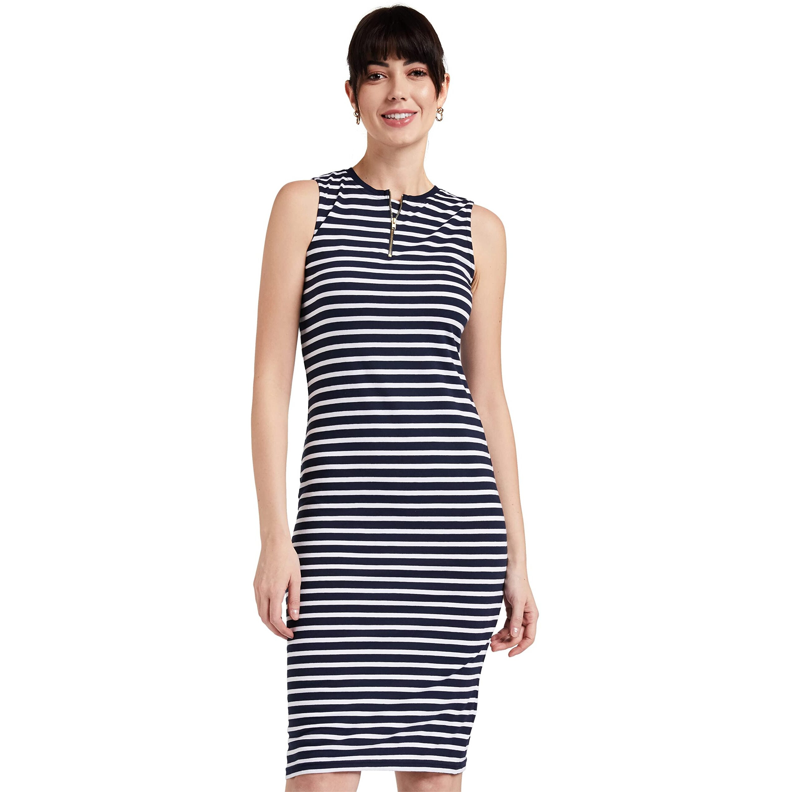 Miss Chase Women's Comfortable Sleeveless Striped Midi Bodycon Dress With Zipper | 3 Colors(Mcss17D07-87-21-05,Navy And White,Large)