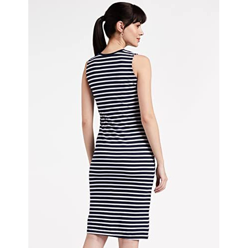 Miss Chase Women's Comfortable Sleeveless Striped Midi Bodycon Dress With Zipper | 3 Colors(Mcss17D07-87-21-05,Navy And White,Large)