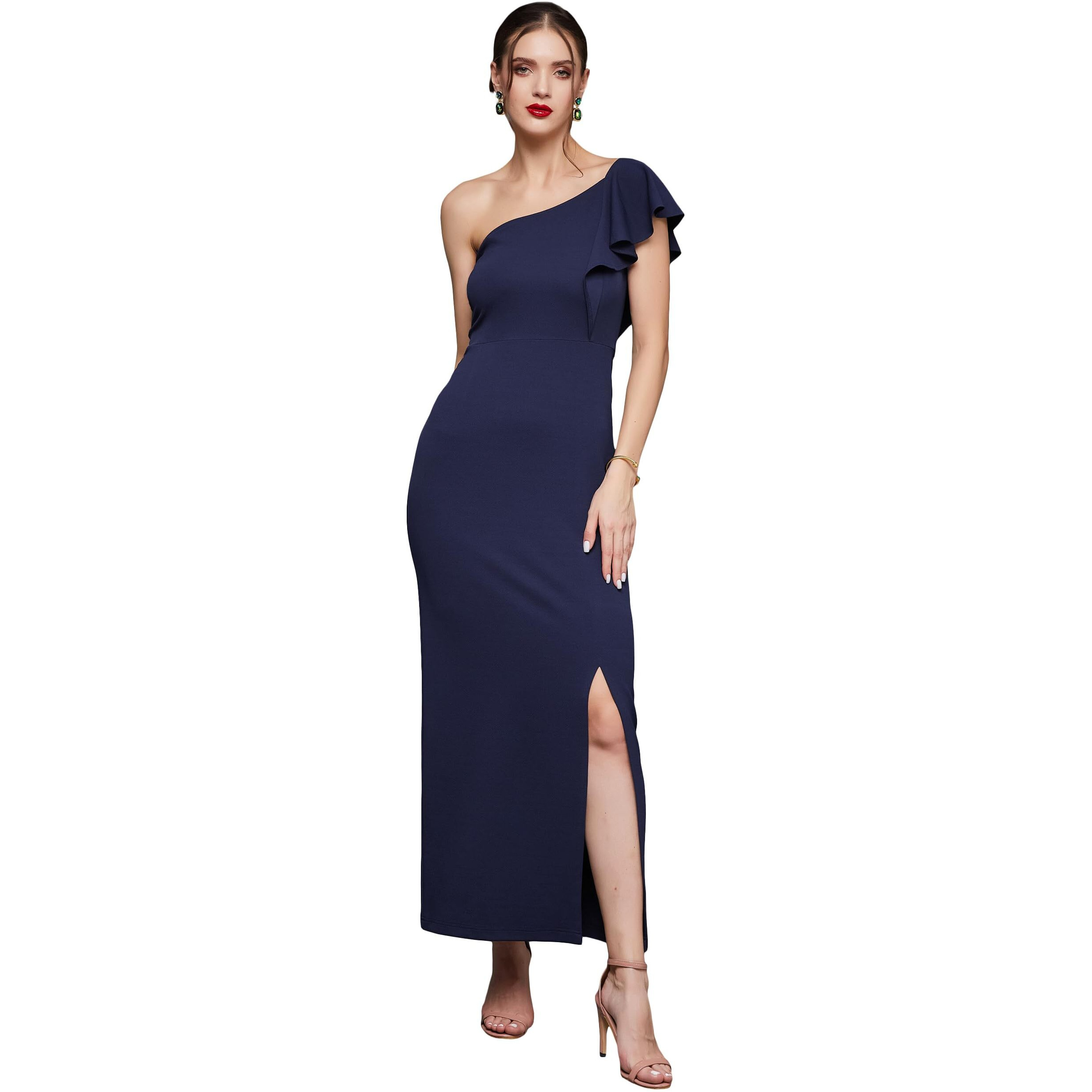 Miss Chase Women's Solid One Shoulder Sleeveless Ruffled Maxi Dress(Mcss23D98-23-71-05, Navy Blue, L)