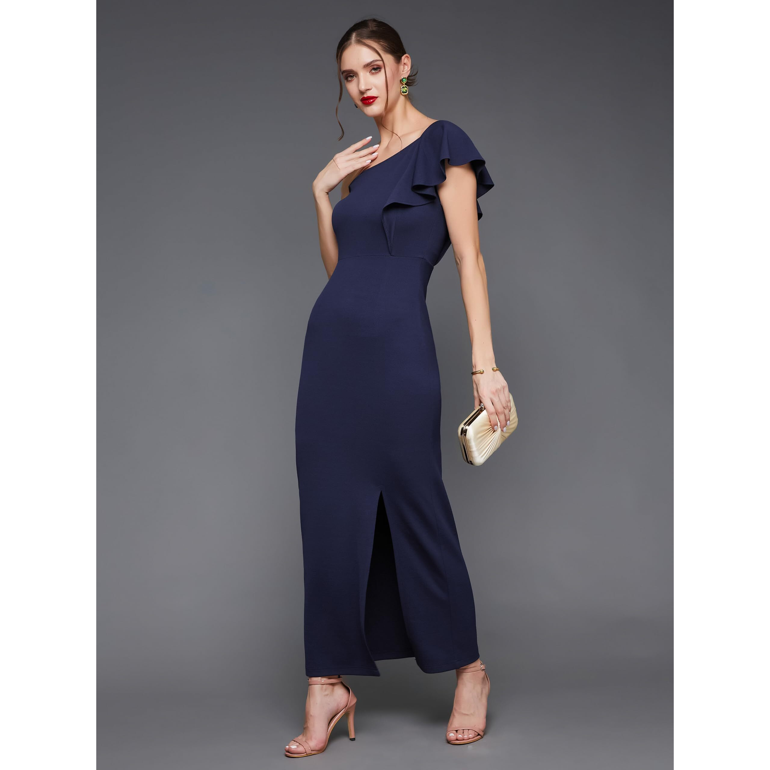 Miss Chase Women's Solid One Shoulder Sleeveless Ruffled Maxi Dress(Mcss23D98-23-71-05, Navy Blue, L)