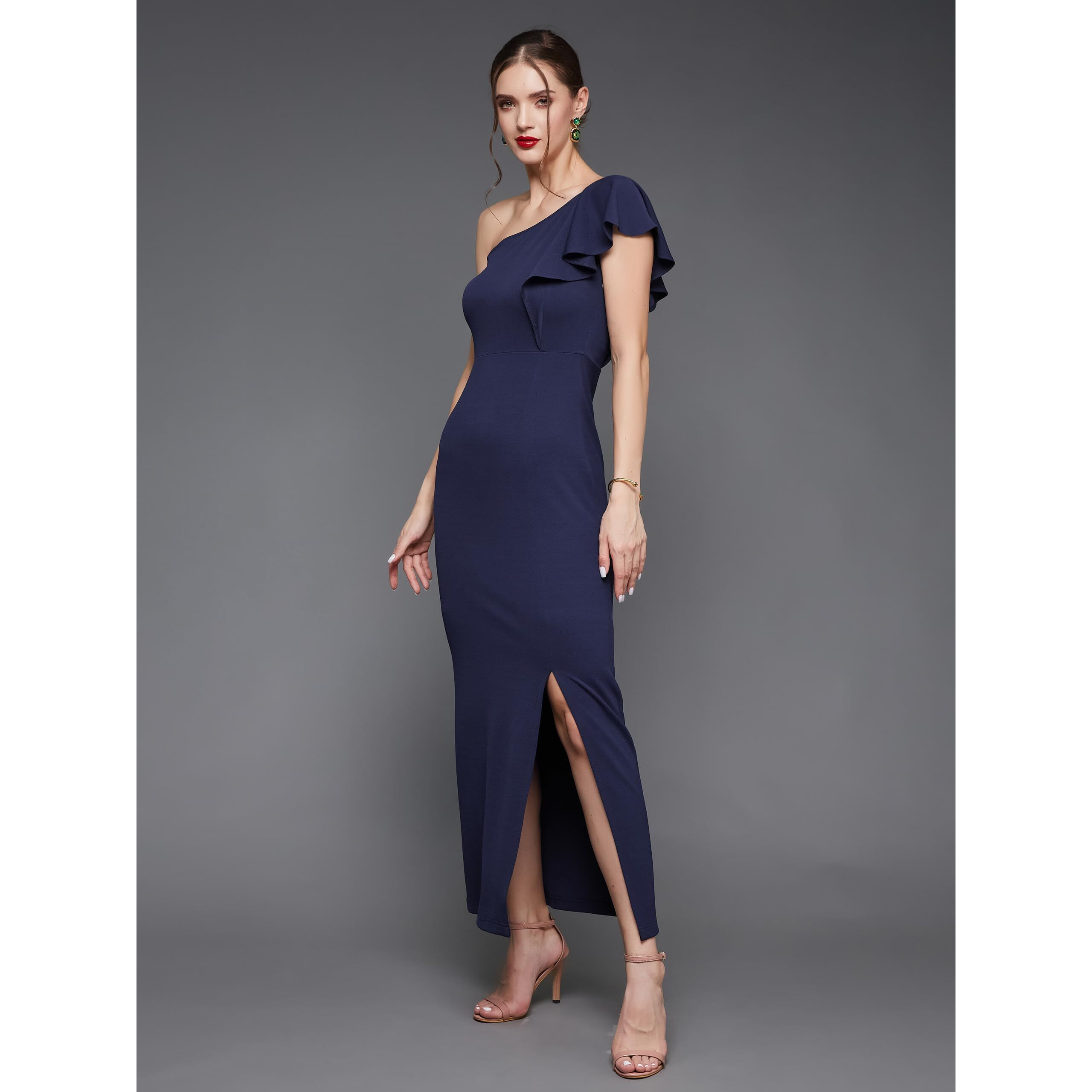 Miss Chase Women's Solid One Shoulder Sleeveless Ruffled Maxi Dress(Mcss23D98-23-71-05, Navy Blue, L)