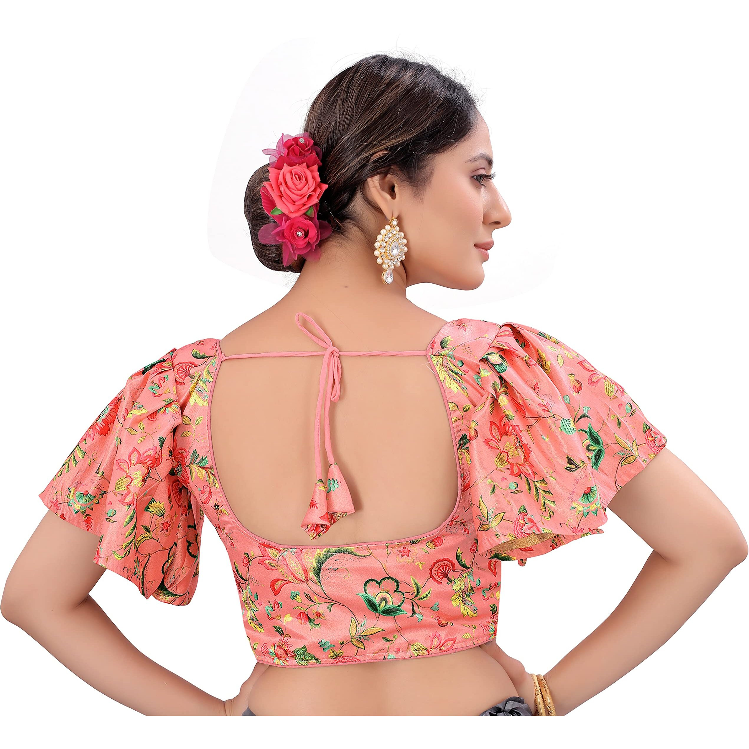 Pujia Mills Women's Multicolor Butterfly Floral Print Pattern Ruffle Sleeve Readymade Saree Blouse