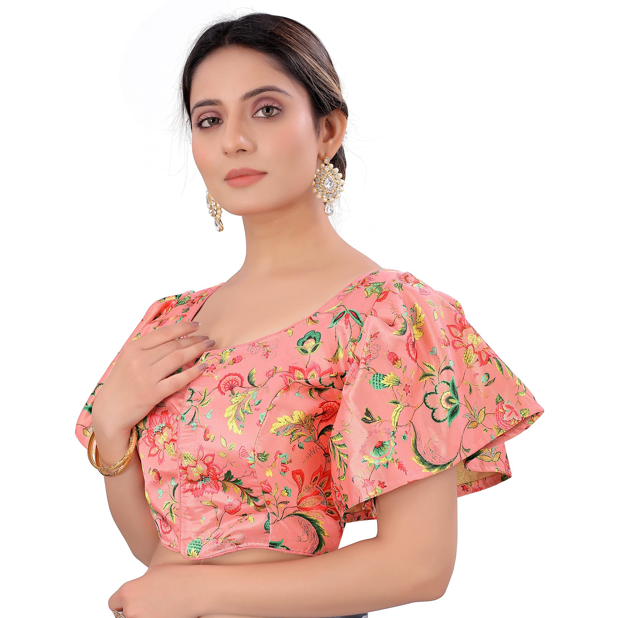 Pujia Mills Women's Multicolor Butterfly Floral Print Pattern Ruffle Sleeve Readymade Saree Blouse