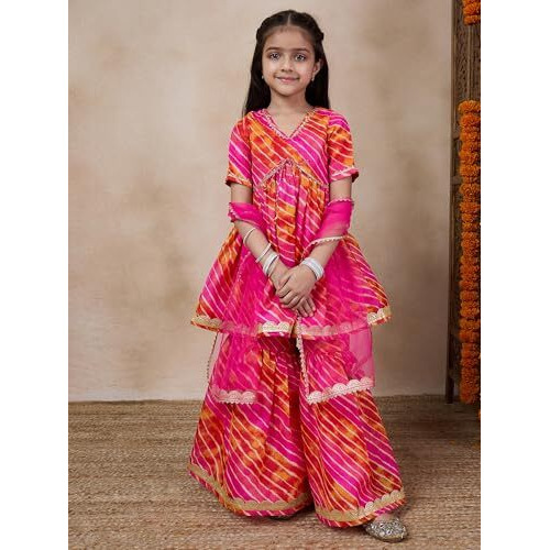 Pspeaches Girl's Cotton Blend 1 Kurti, 1 Sharara, 1 Dupatta (Sha-Magentastripe-12-14Y_Magenta