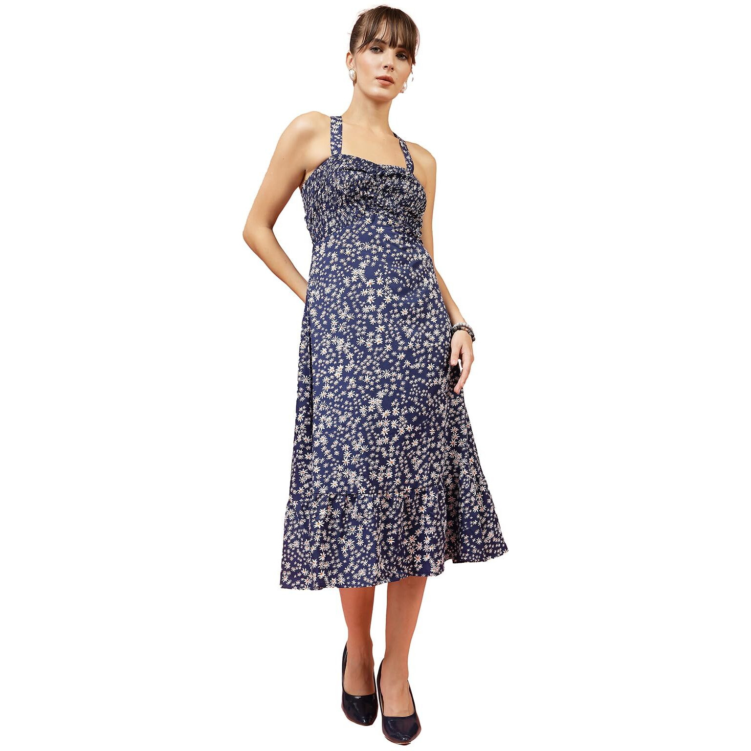 Oomph Women's Western & Fusion Wear Printed Crepe Dress For Women, Smocked Bodice, Blue - Md1032