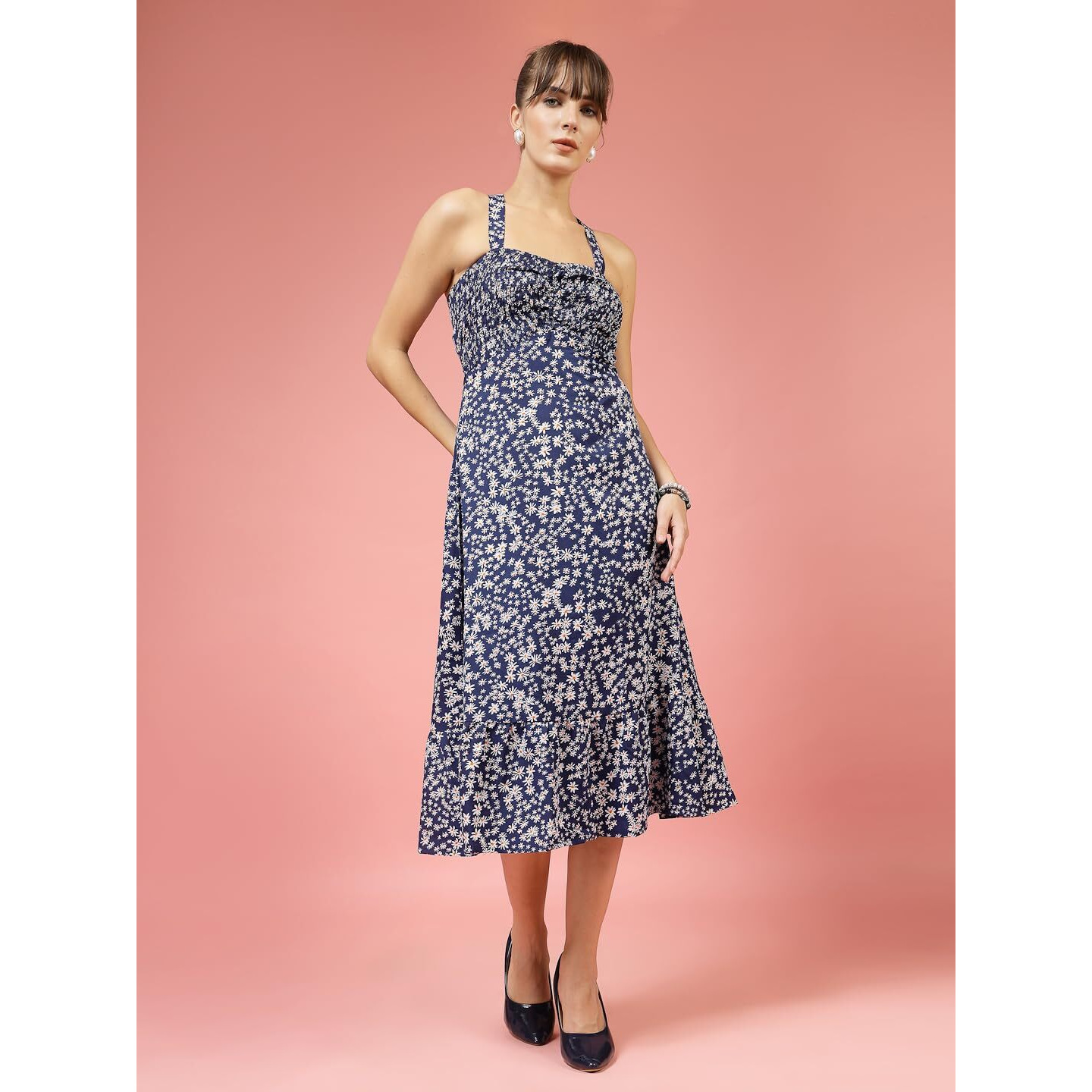 Oomph Women's Western & Fusion Wear Printed Crepe Dress For Women, Smocked Bodice, Blue - Md1032